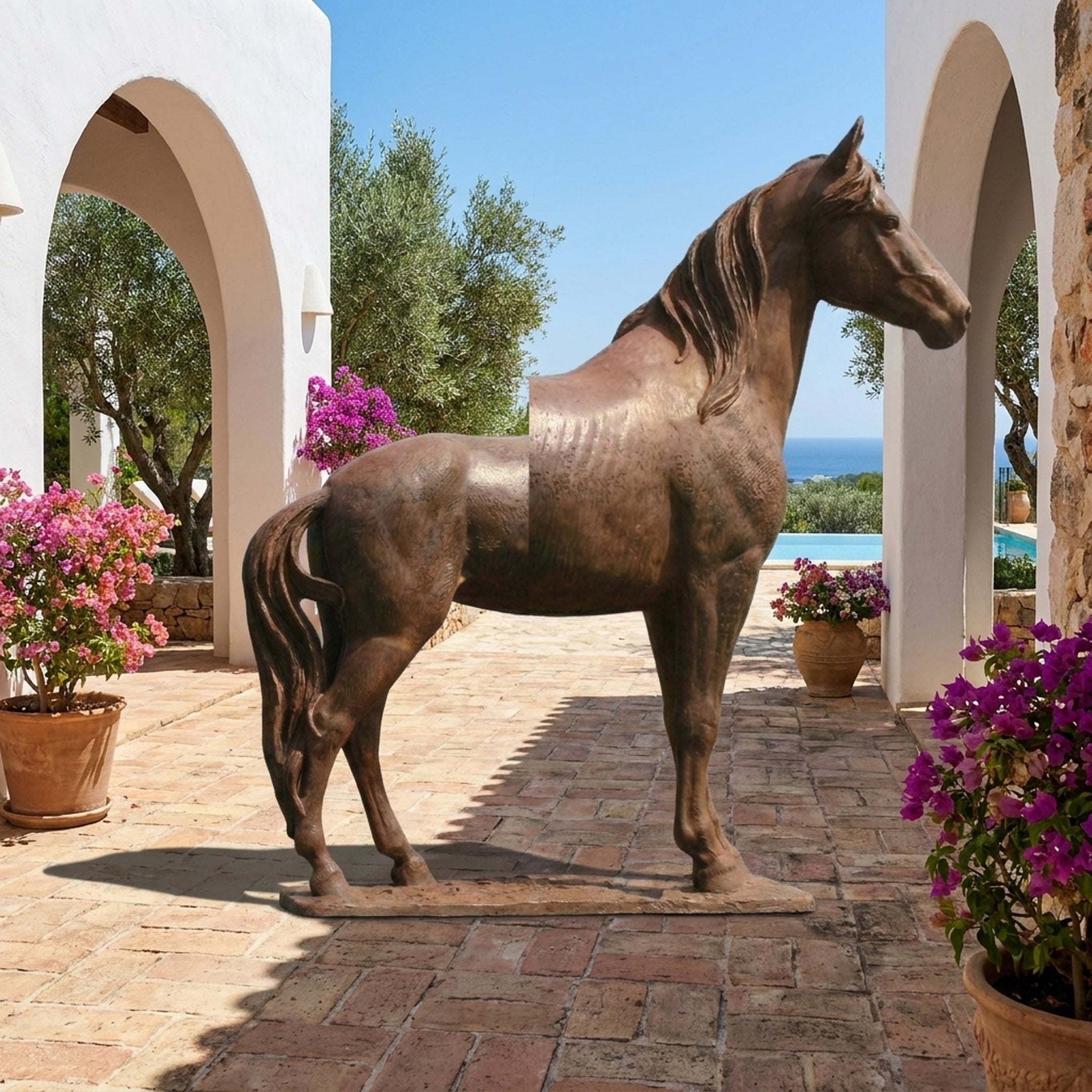 Life-Size Traditional Standing Horse Bronze Sculpture by Giant Sculptures shown in profile on a tiled terrace between white arches with bougainvillea and sea view.