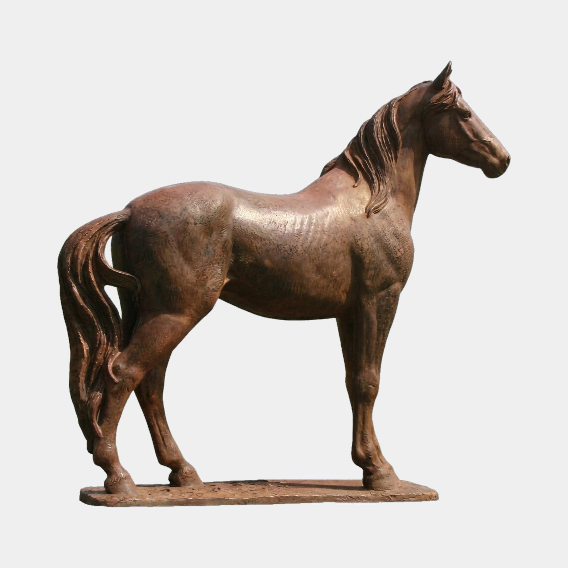 Life-Size Traditional Standing Horse Bronze Sculpture by Giant Sculptures, 180cm, shown in side profile with warm brown patina on a flat bronze base.