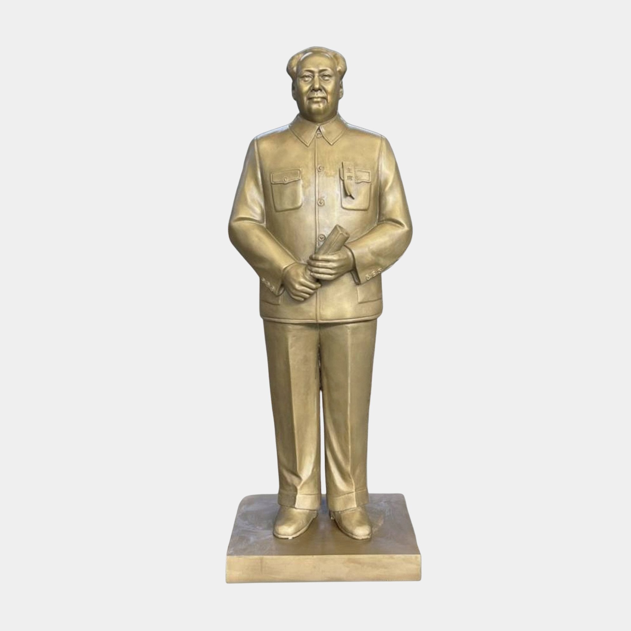 Life-Size Traditional Standing Male Figure Bronze Statue by Giant Sculptures in warm gold patina, hands clasped holding a document, on integrated plinth.