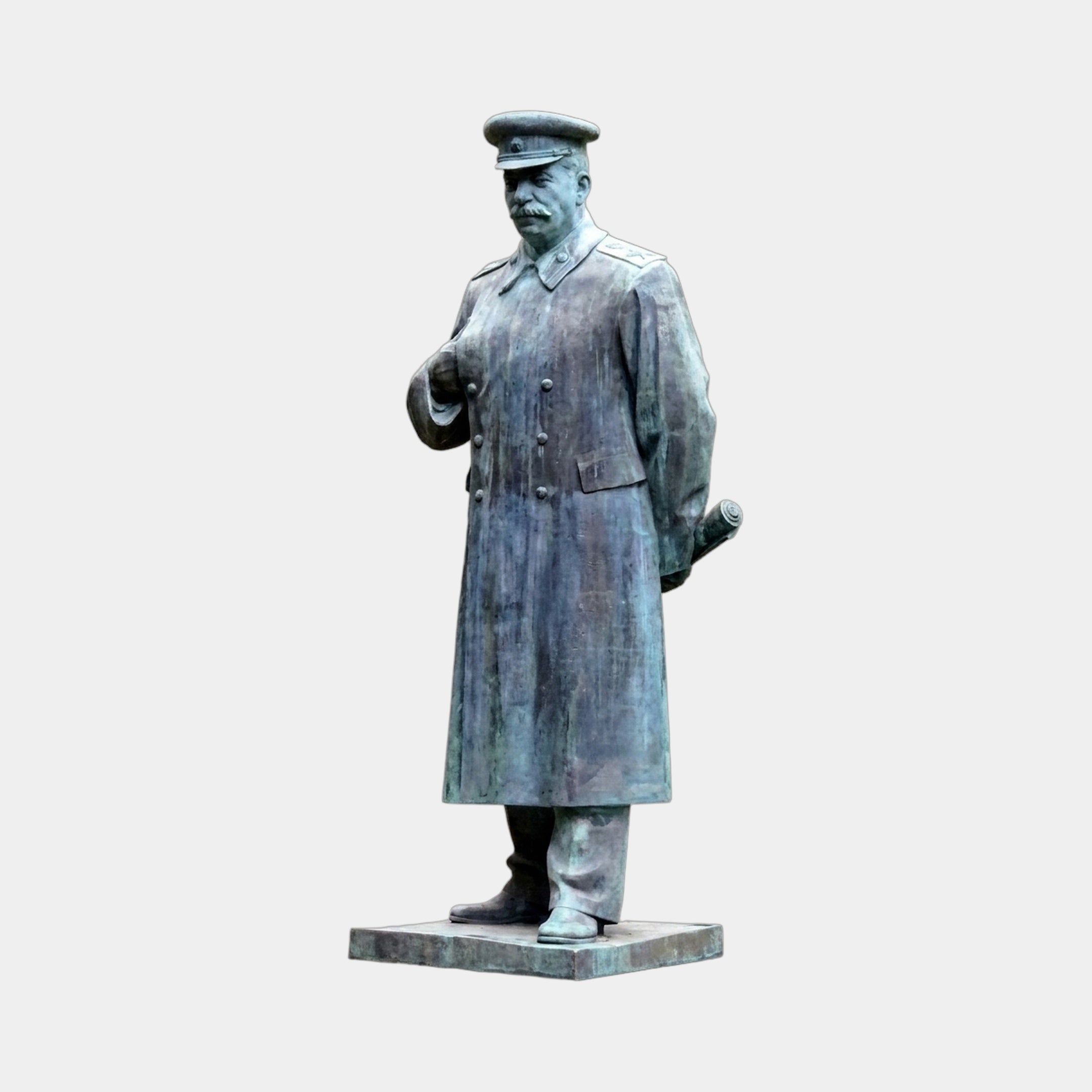 Life-Size Traditional Standing Military Figure Bronze Sculpture by Giant Sculptures in weathered verdigris patina, greatcoat and peaked cap, on a low plinth.