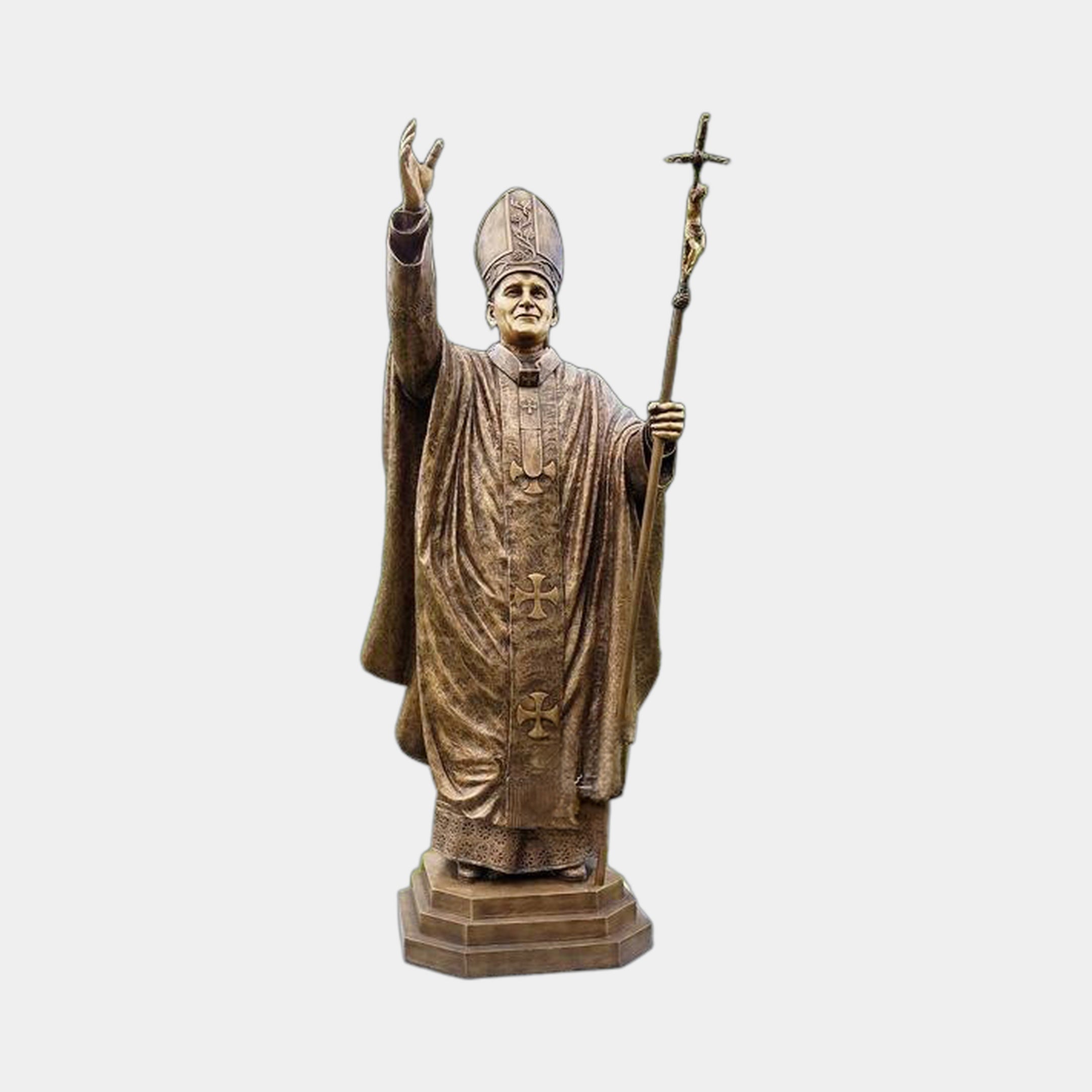 Life-Size Traditional Standing Pope Bronze Statue by Giant Sculptures, 400cm, raised right hand in blessing, holding a papal ferula, on a stepped base.