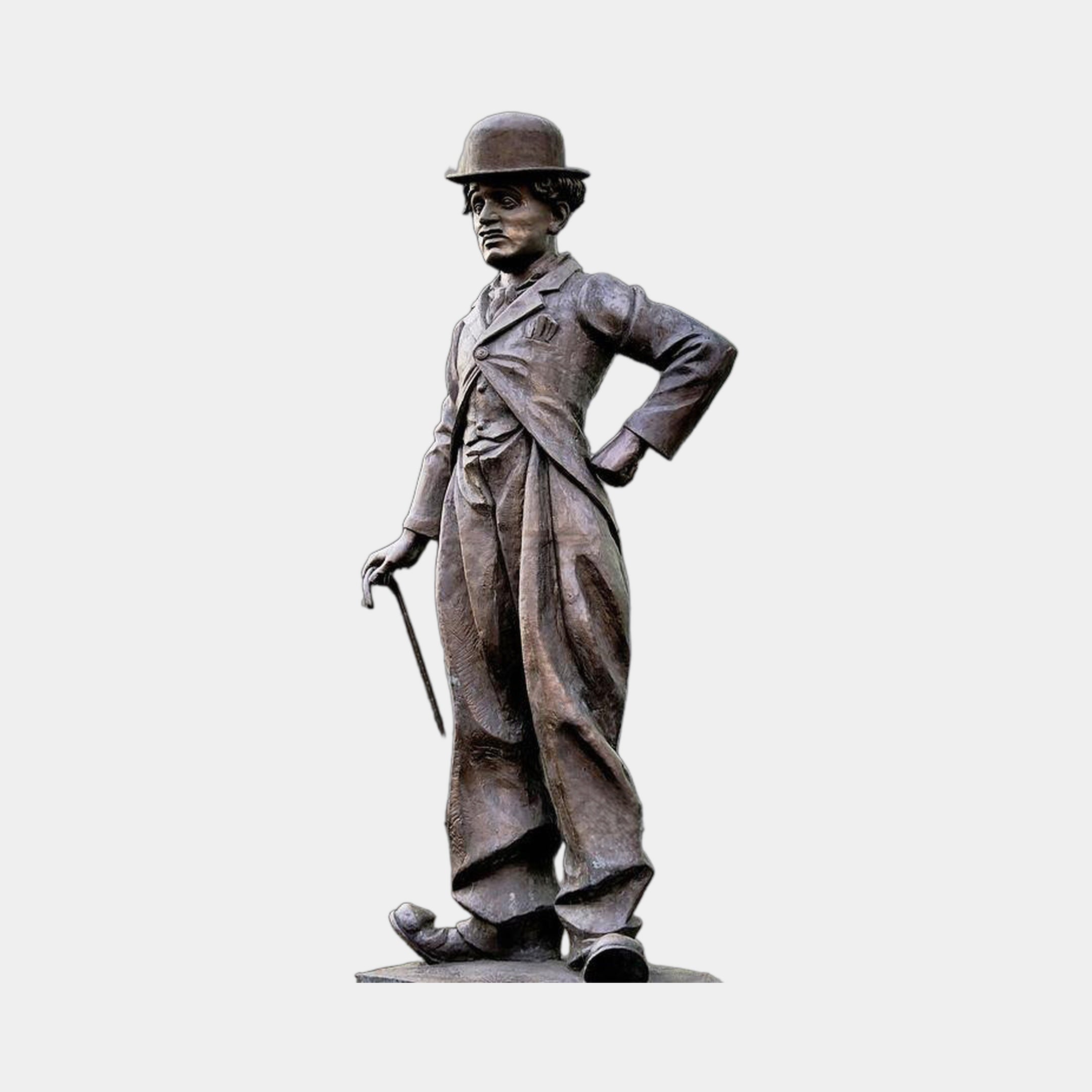 Life-Size Traditional Standing Tramp Figure Bronze Statue by Giant Sculptures, 190cm, shown with bowler hat, cane, and dark patinated finish on a plain background.