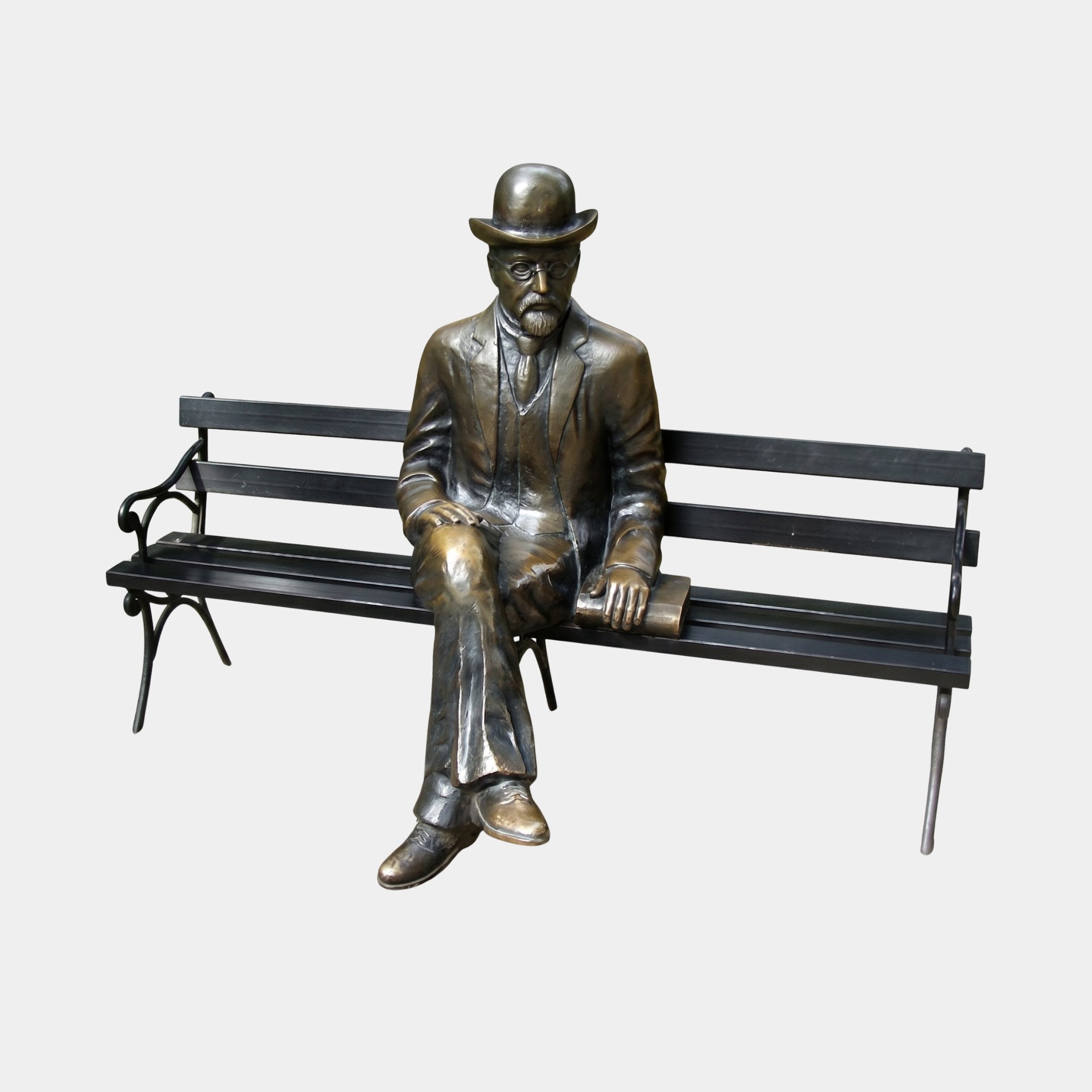 Giant Sculptures Life-Size Traditional Suited Man on Bench Bronze Sculpture 130cm, seated gentleman in bowler hat on black slatted bench, plain background.