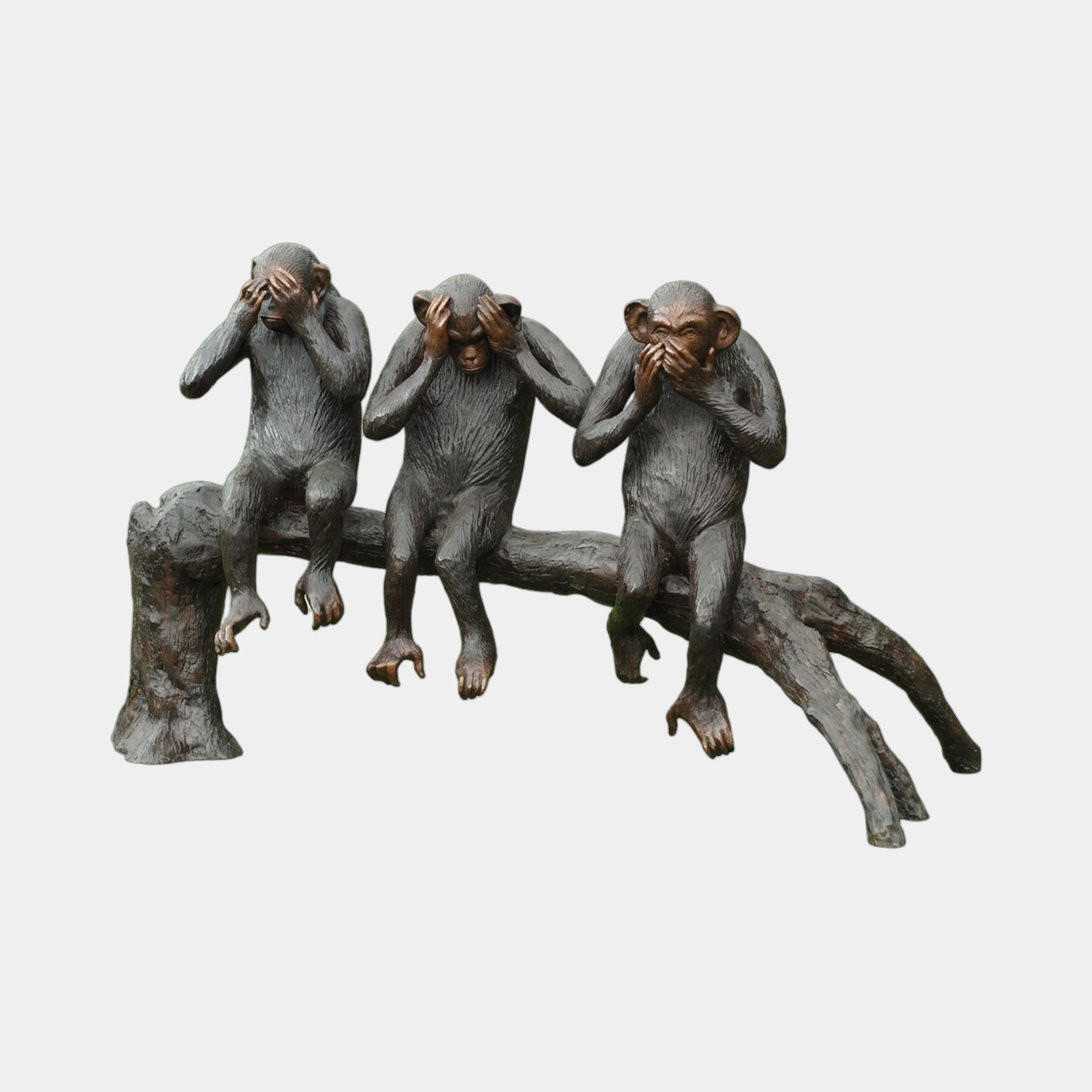 Life-Size Traditional Three Wise Monkeys Bronze Sculpture by Giant Sculptures, showing see, hear, and speak no evil chimpanzees seated on a log.