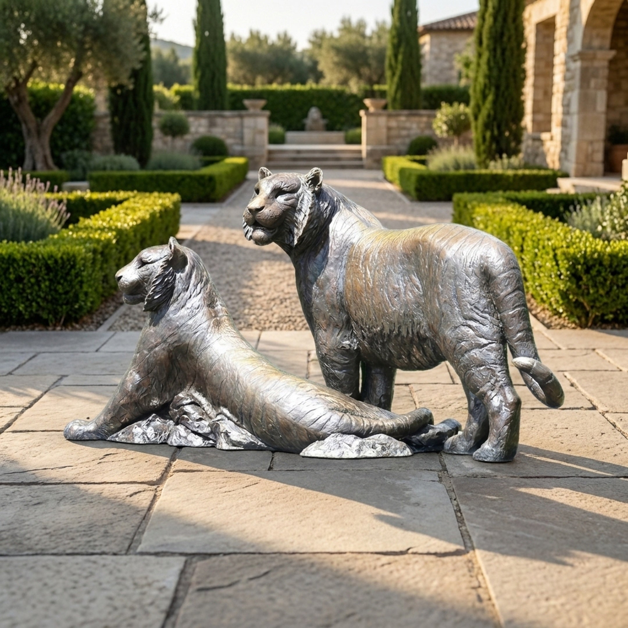 Life-Size Traditional Tiger Pair Bronze Sculpture by Giant Sculptures, one reclining and one standing, displayed on a stone-paved garden path with cypress trees.
