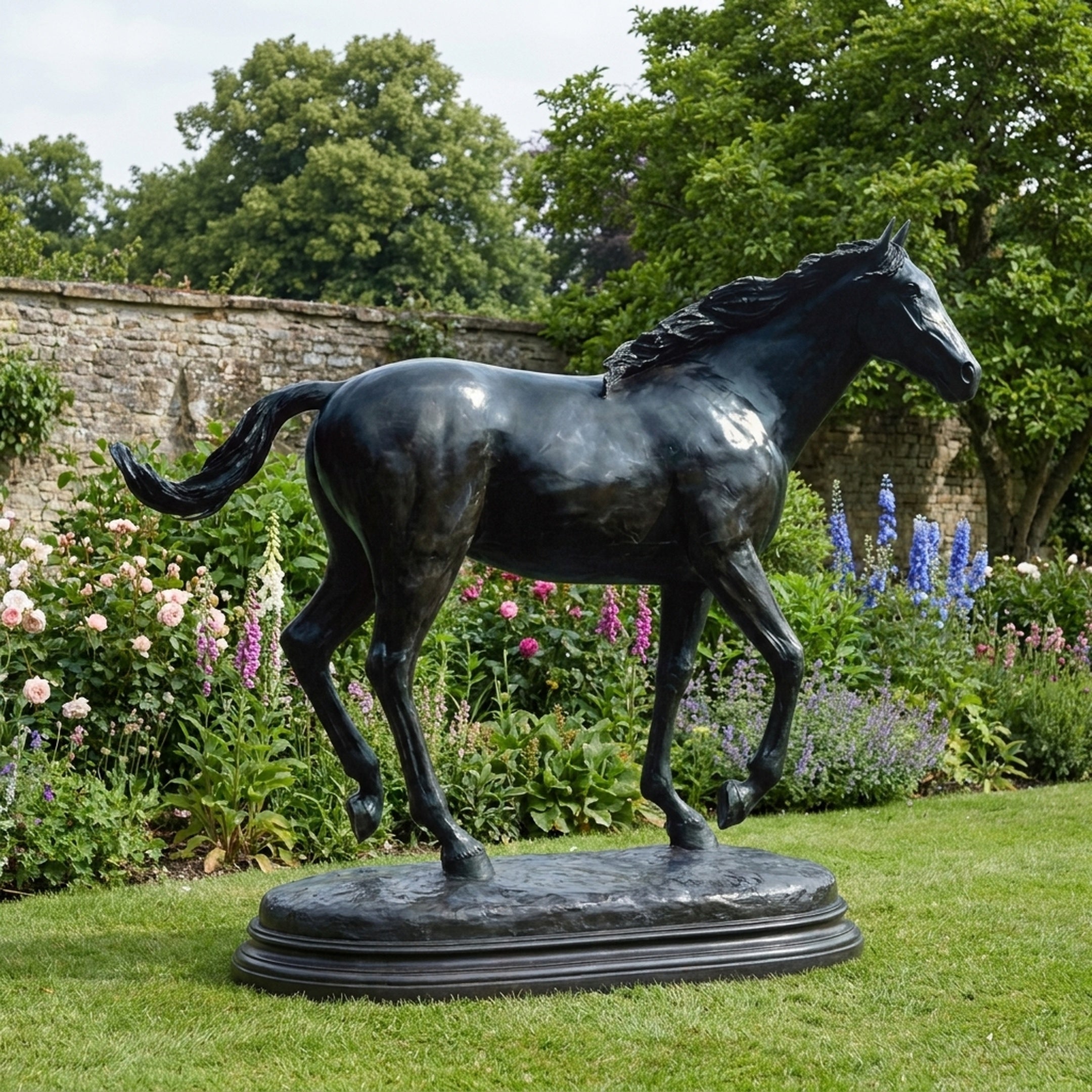 Life-Size Traditional Trotting Horse Bronze Sculpture by Giant Sculptures, dark patina, shown trotting on an oval base in a garden beside flower beds.