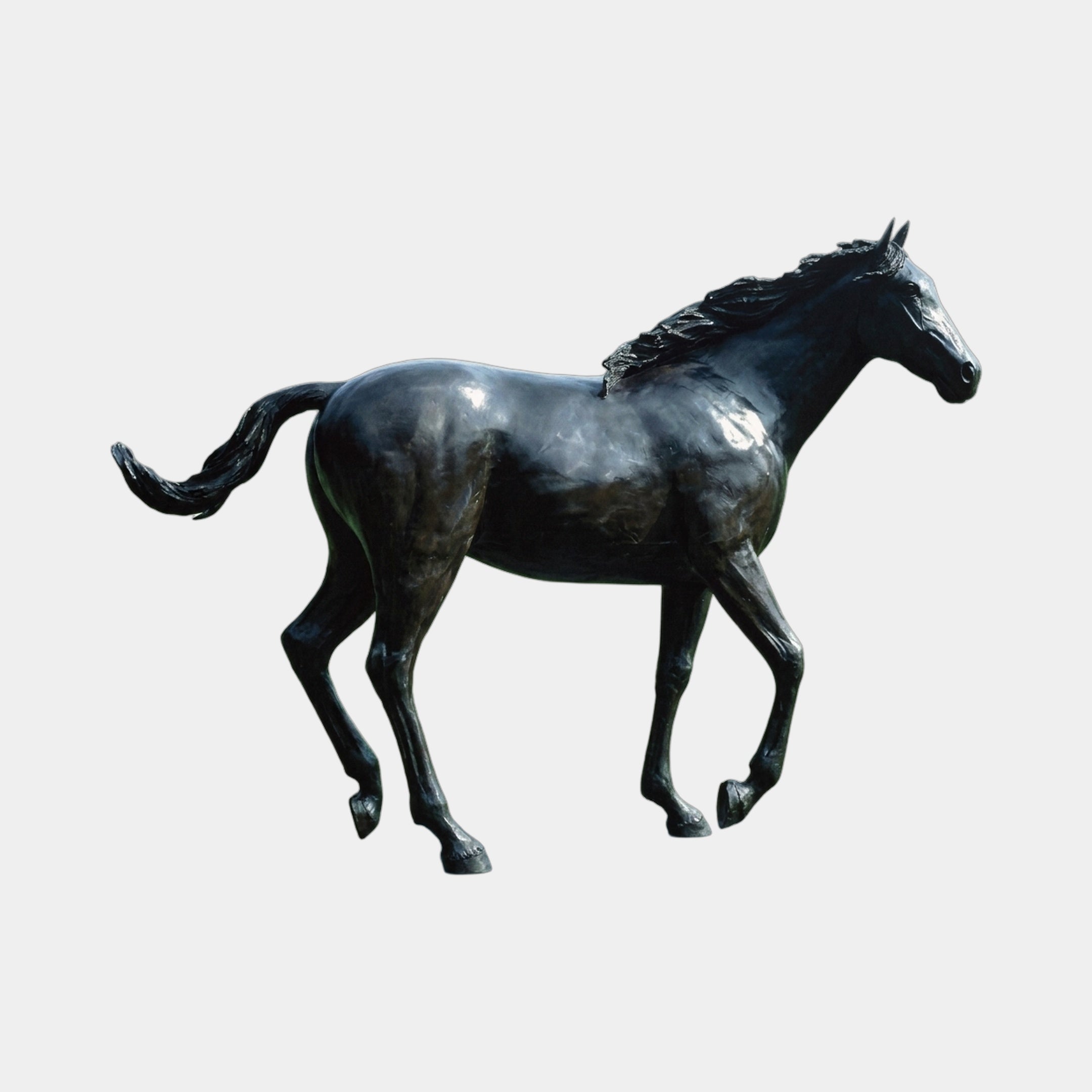Life-Size Traditional Trotting Horse Bronze Sculpture by Giant Sculptures, side view with raised foreleg and flowing mane, dark patina finish on plain background.