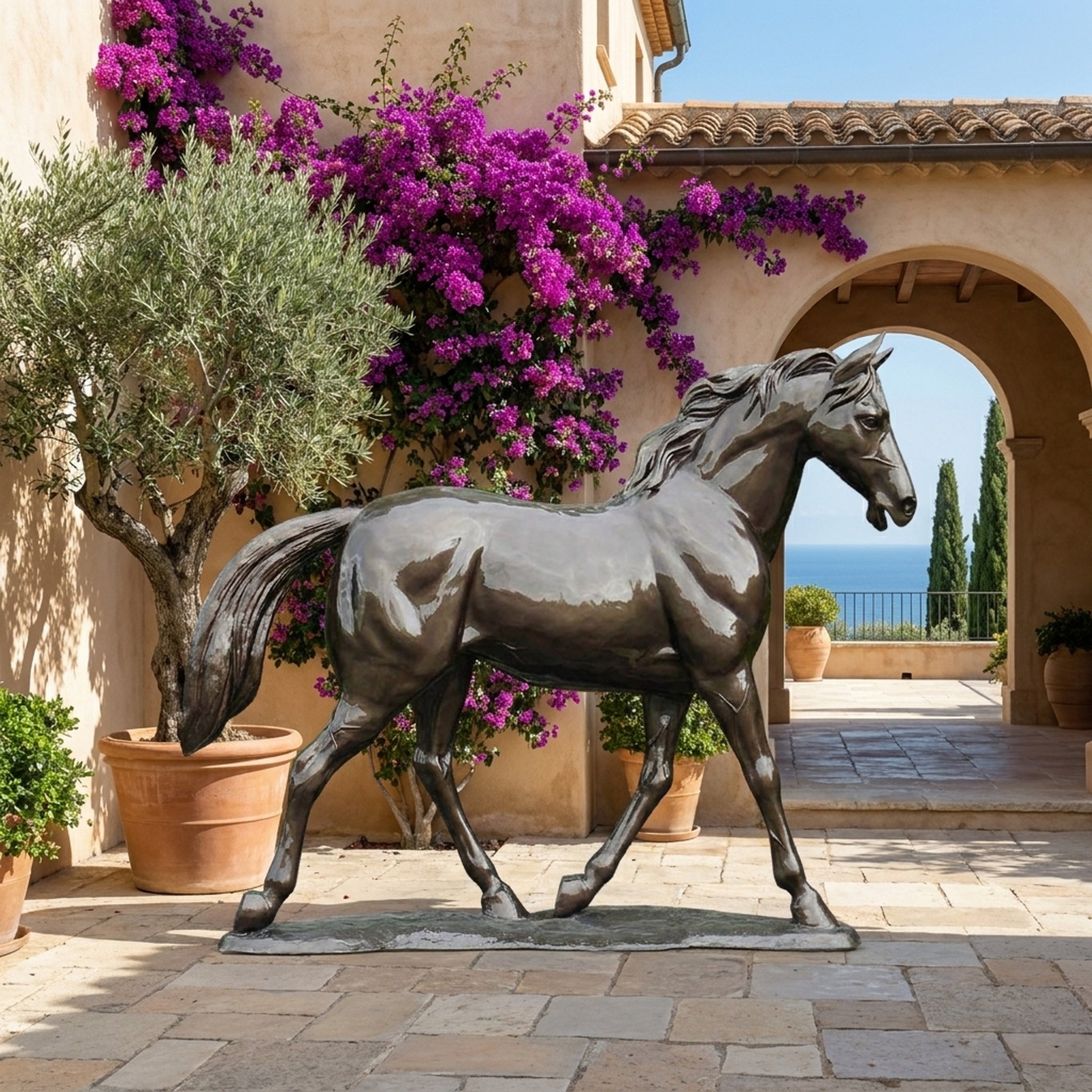 Life-Size Traditional Trotting Horse Bronze Sculpture by Giant Sculptures in a Mediterranean courtyard with bougainvillea, olive tree, and sea view beyond an arch.