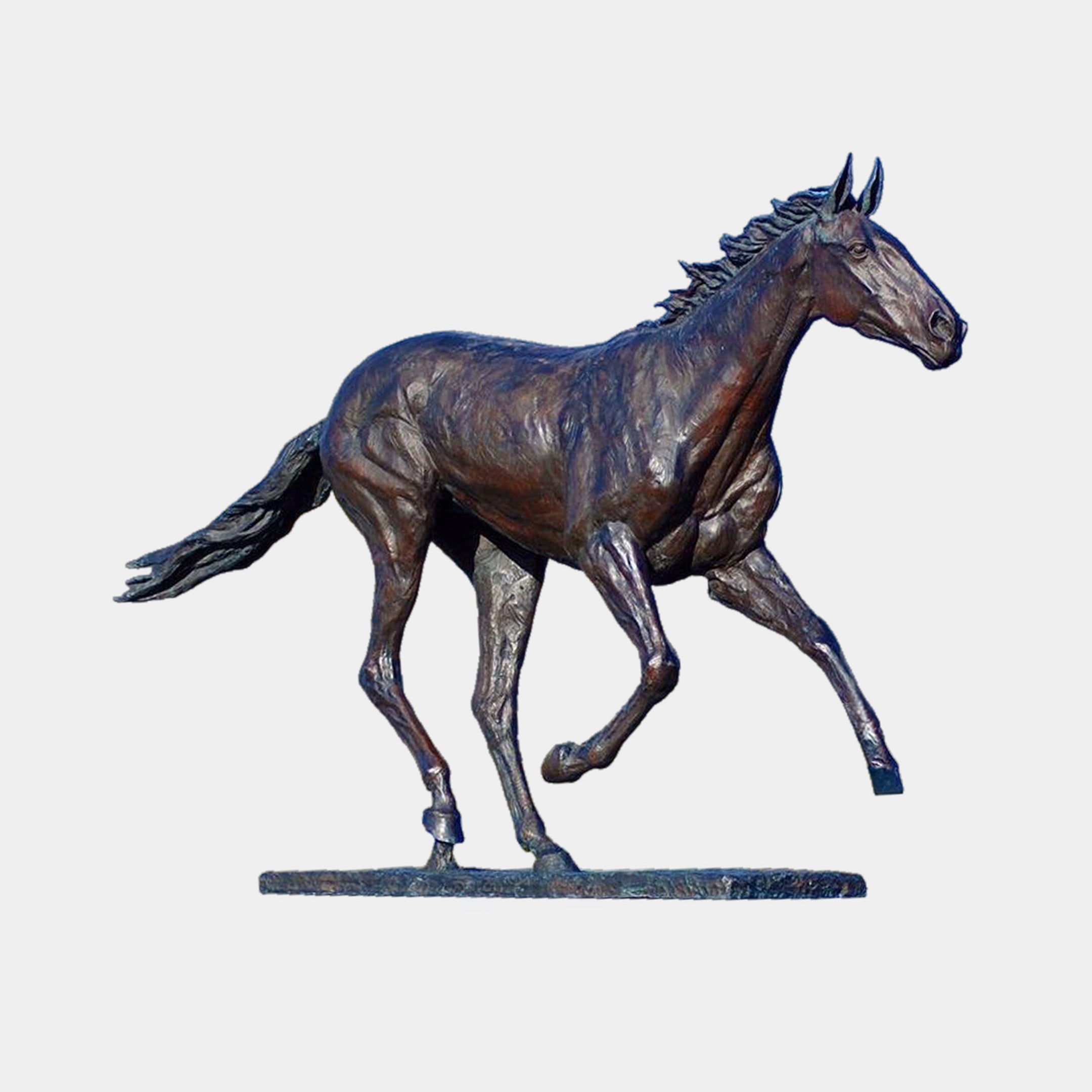 Life-Size Traditional Trotting Horse Bronze Sculpture by Giant Sculptures shown in side profile mid-stride with dark brown patina against a plain light background.