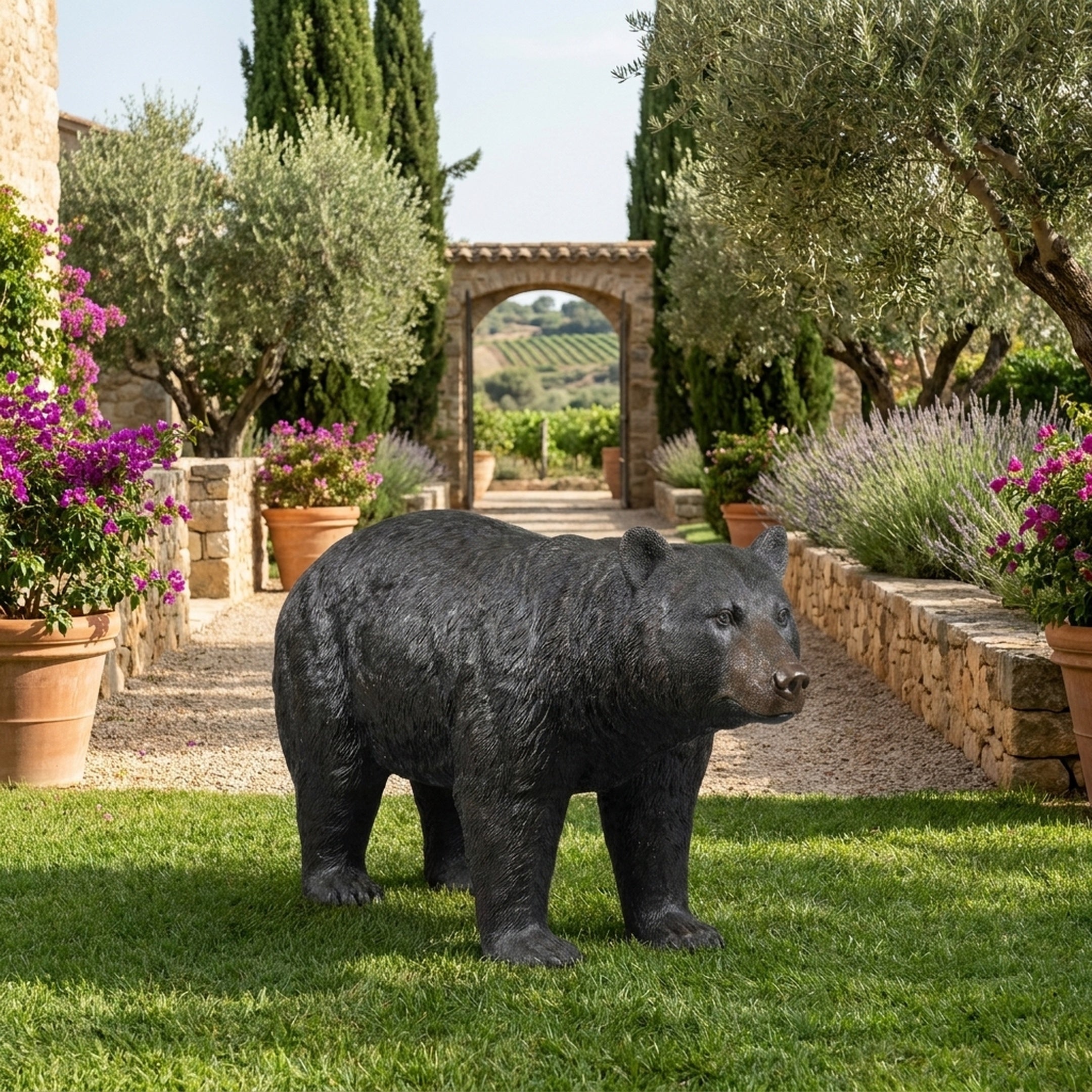 Life-Size Traditional Walking Bear Bronze Sculpture by Giant Sculptures shown mid-stride on a lawn beside lavender and bougainvillea in a Mediterranean garden.