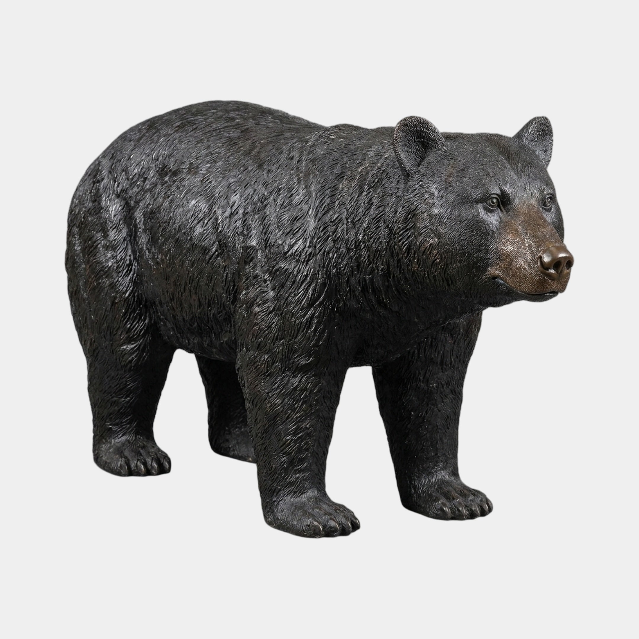 Life-Size Traditional Walking Bear Bronze Sculpture by Giant Sculptures, shown mid-stride with head turned forward, dark patina and warm brown muzzle, on a plain background.