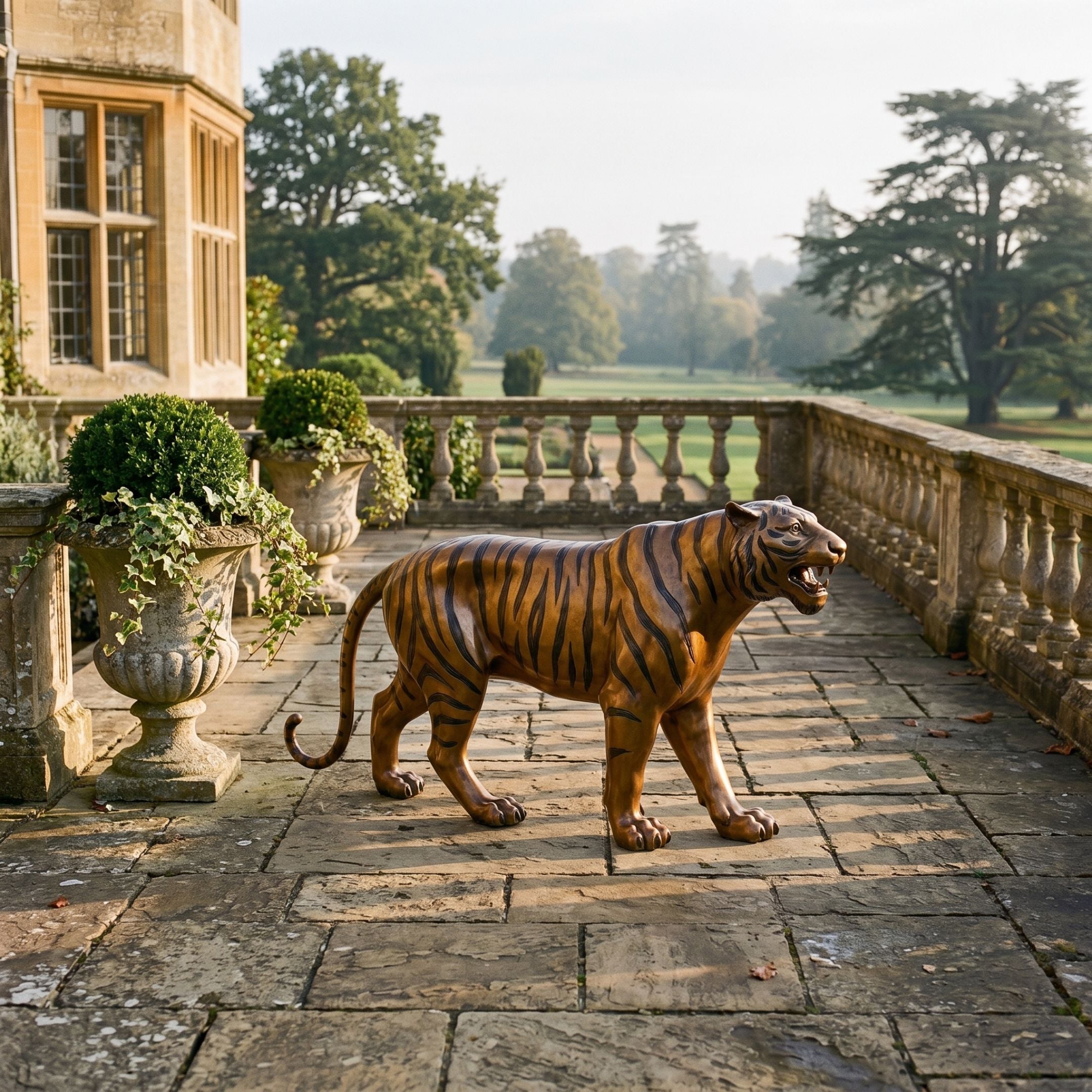 Life-Size Traditional Walking Bengal Tiger Bronze Sculpture by Giant Sculptures in amber and black stripes, mid-stride on a manor terrace beside stone balustrades.