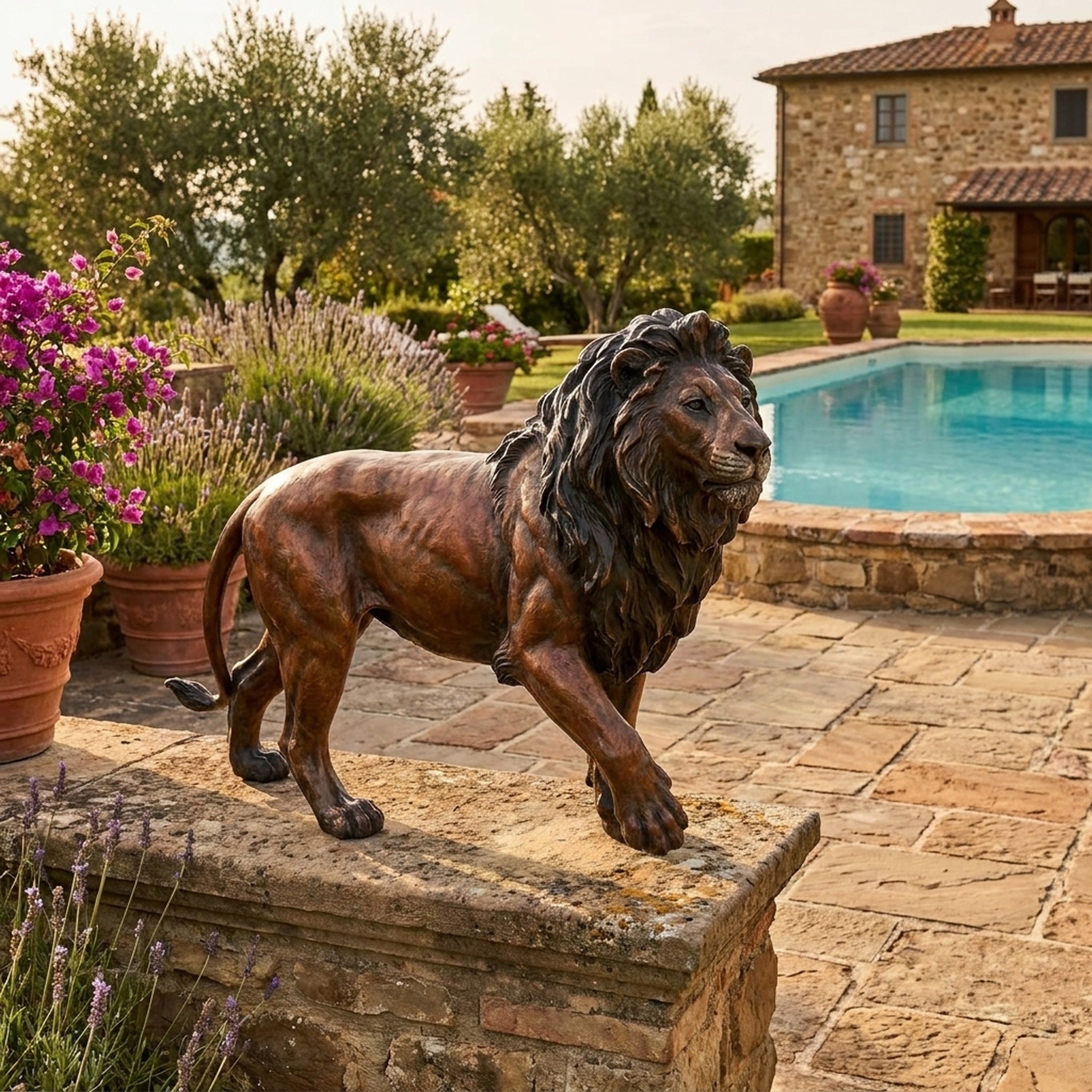 Life-Size Traditional Walking Lion Bronze Sculpture by Giant Sculptures shown mid-stride on a stone wall beside a swimming pool and Tuscan villa garden.