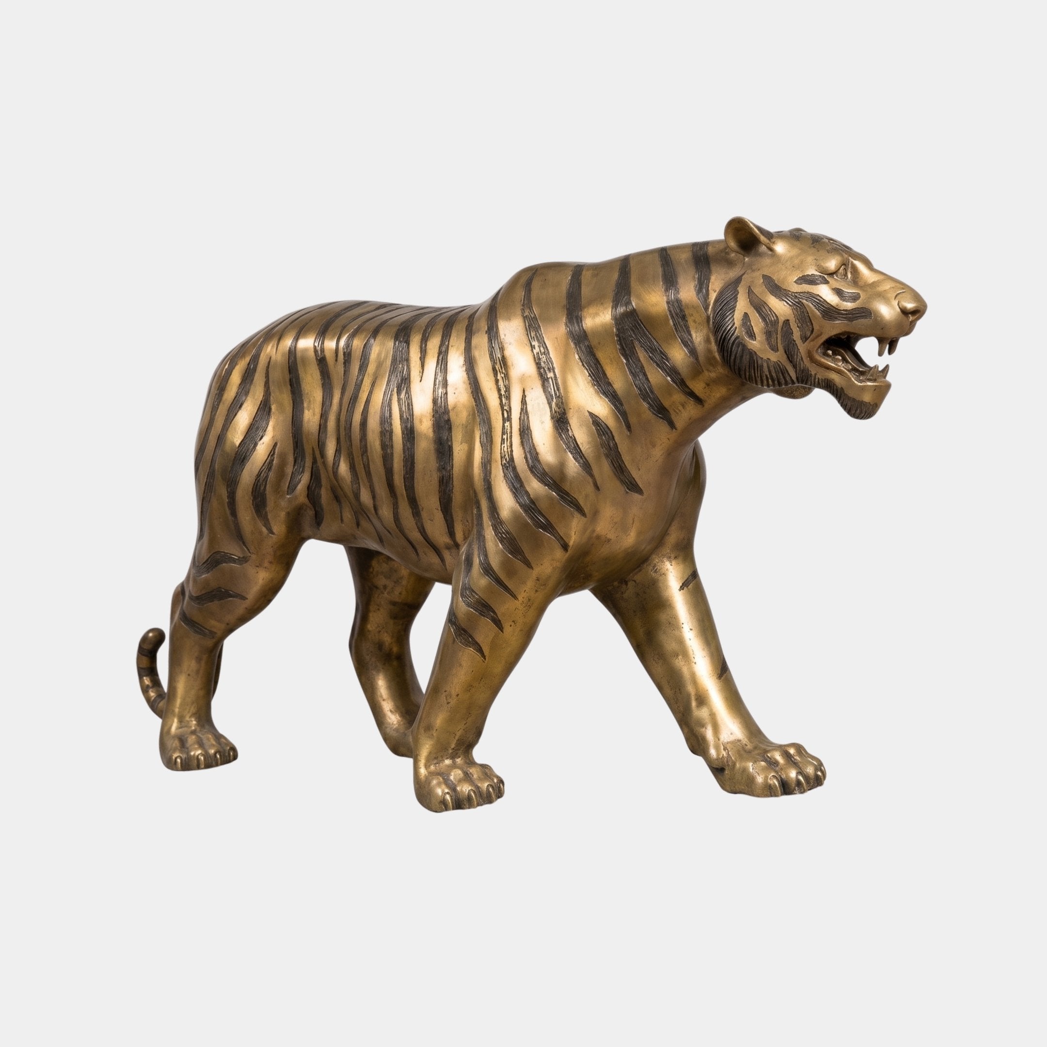 Life-Size Traditional Walking Tiger Bronze Fountain by Giant Sculptures shown mid-stride with head turned and mouth open, gold finish with black stripes.