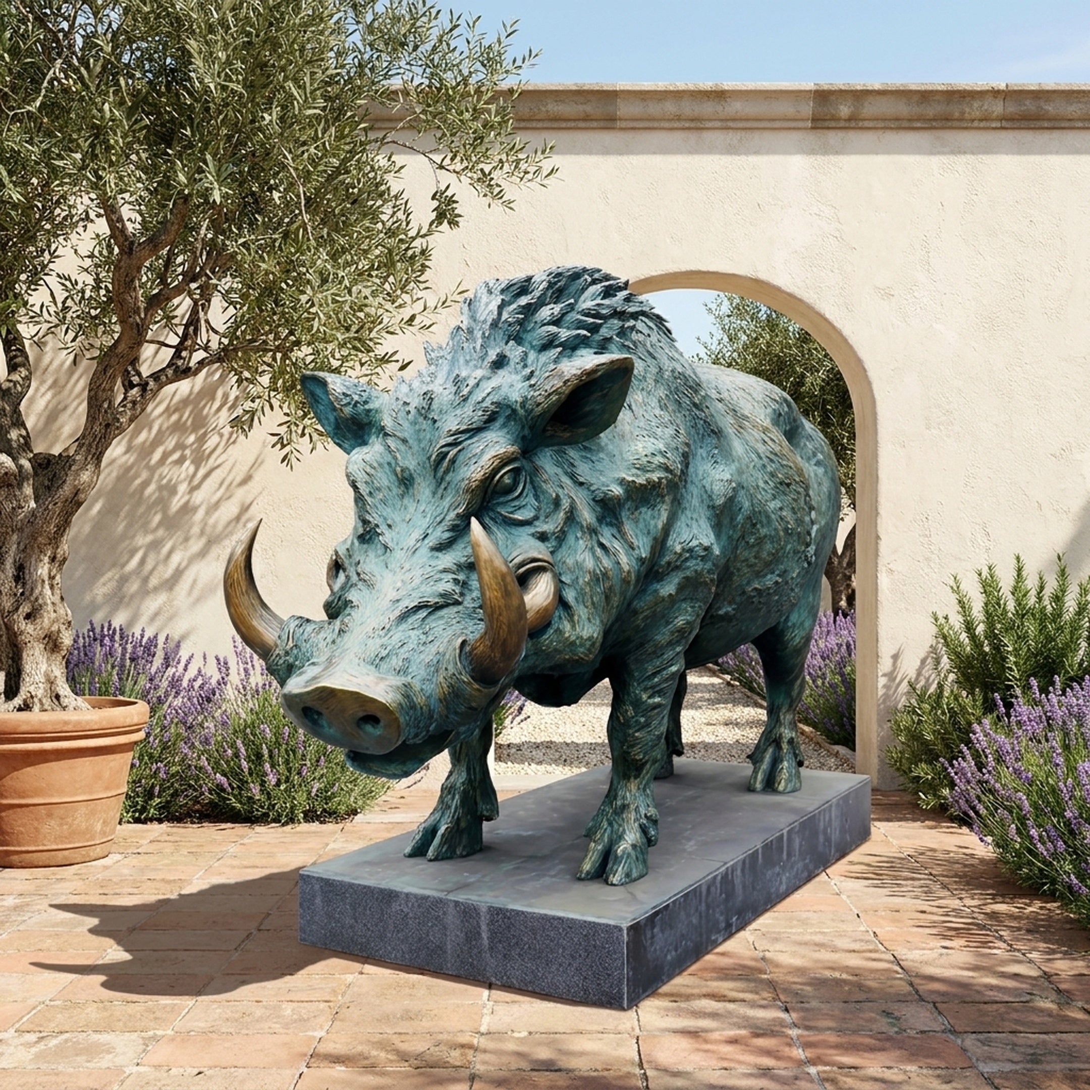 Life-Size Traditional Wild Boar Bronze Sculpture by Giant Sculptures with verdigris patina and golden tusks, on granite plinth in a Mediterranean courtyard.
