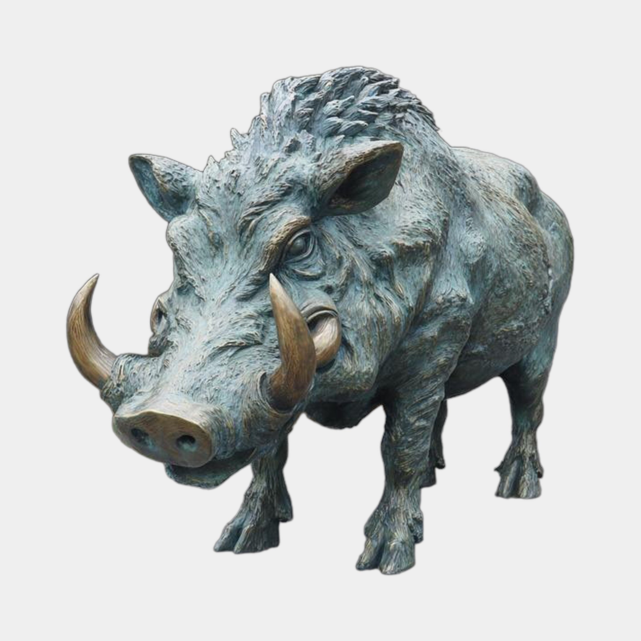 Giant Sculptures Life-Size Traditional Wild Boar Bronze Sculpture 220cm in green verdigris patina with golden tusks, shown front-angled on a plain background.