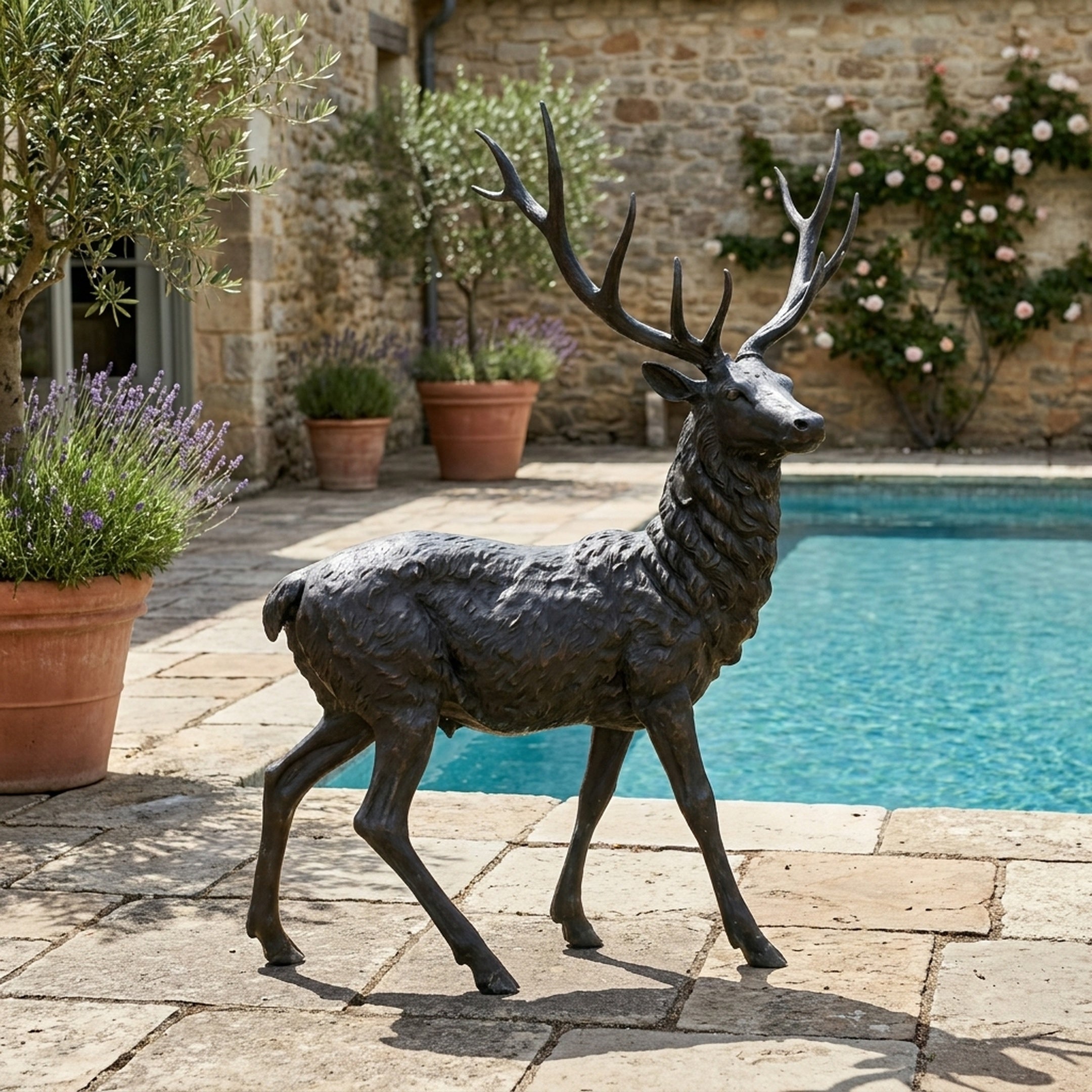 Life-Size Walking Stag Bronze Sculpture by Giant Sculptures, 250cm, shown in mid-stride with raised antlered head on a stone poolside terrace beside lavender.