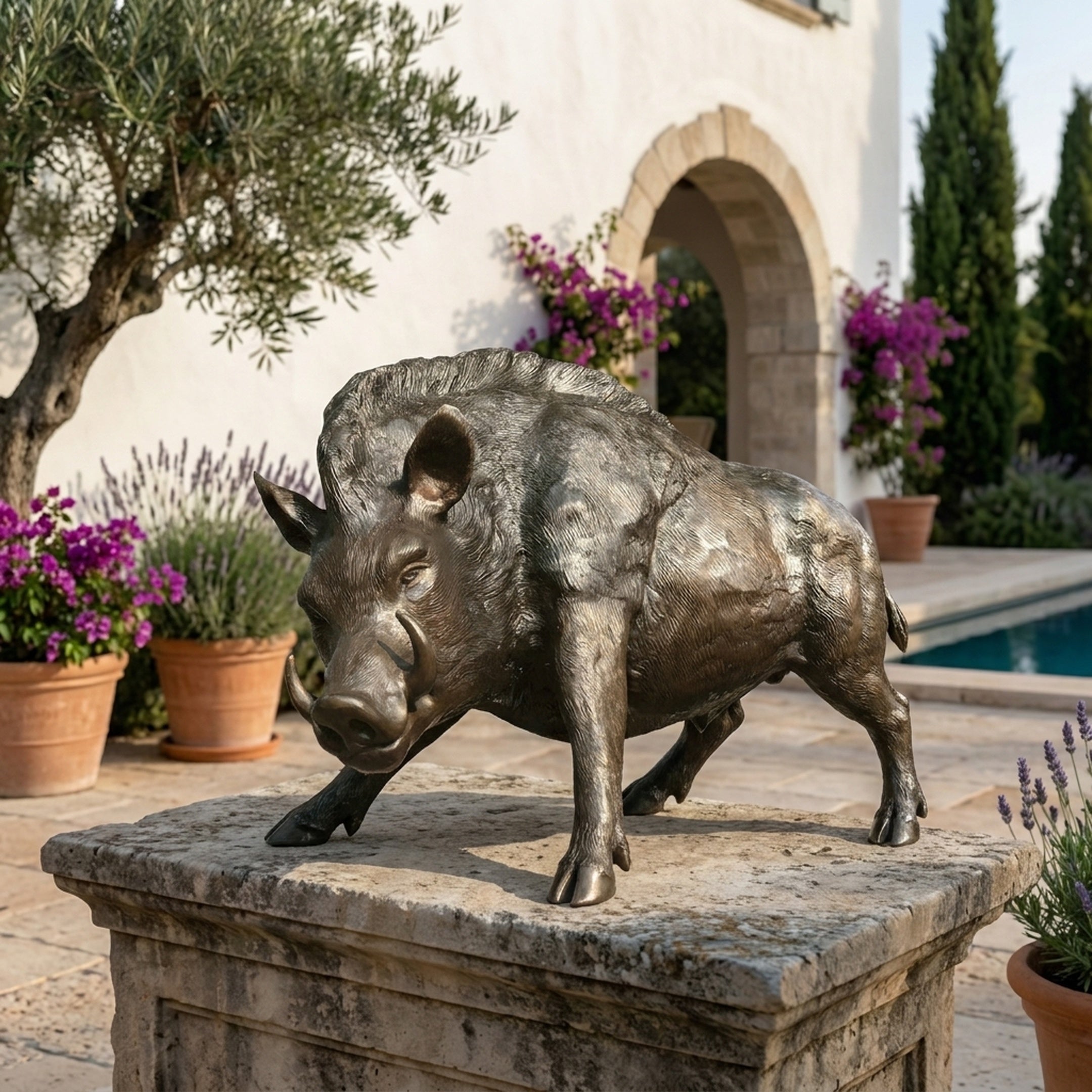 Life-Size Wild Boar Bronze Sculpture by Giant Sculptures in dark patina, displayed on a stone plinth beside a Mediterranean villa with lavender, bougainvillea, and pool.