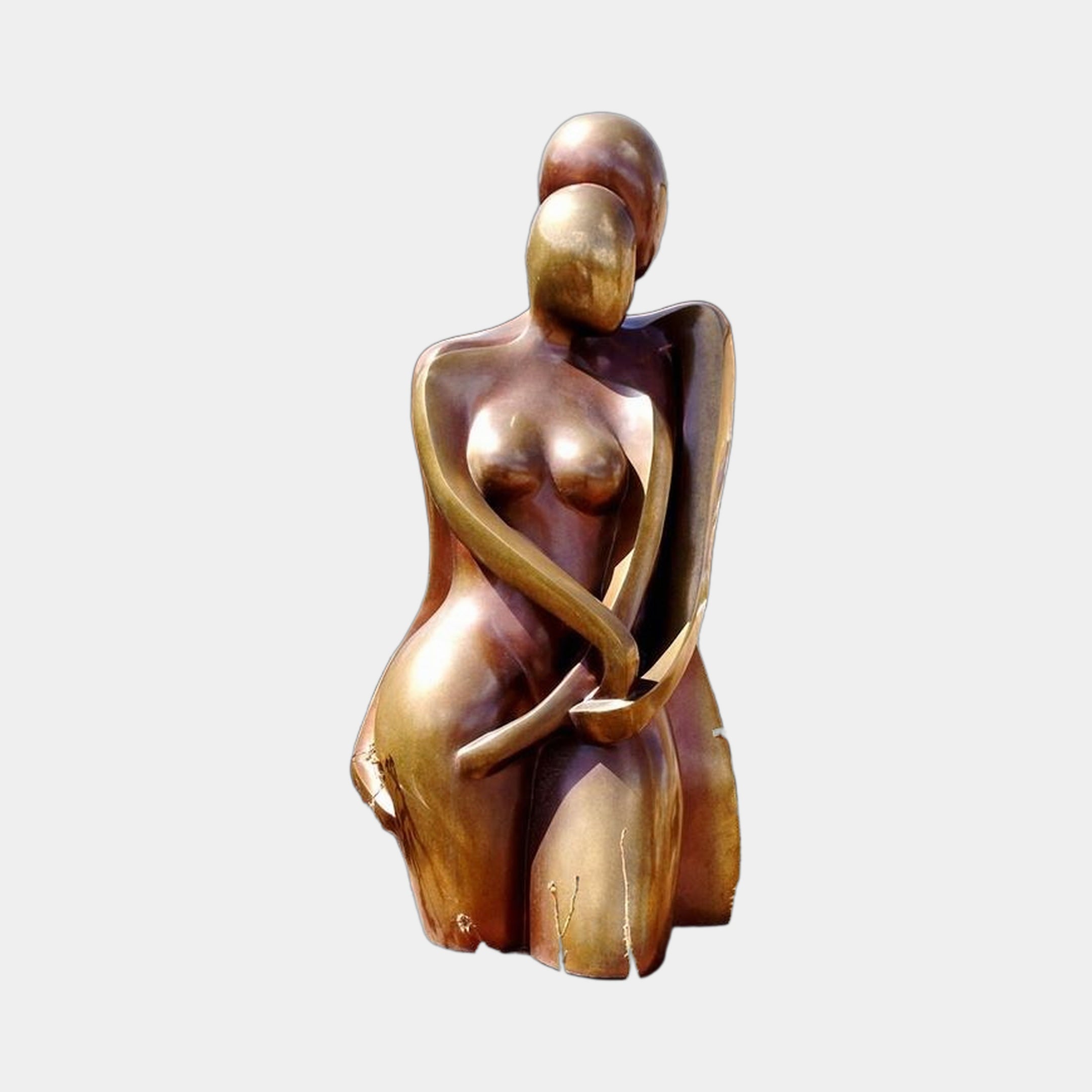 Modern Abstract Female Figure Bronze Sculpture by Giant Sculptures, 100cm tall with a self-embracing torso and warm golden-brown patina, shown on a plain background.