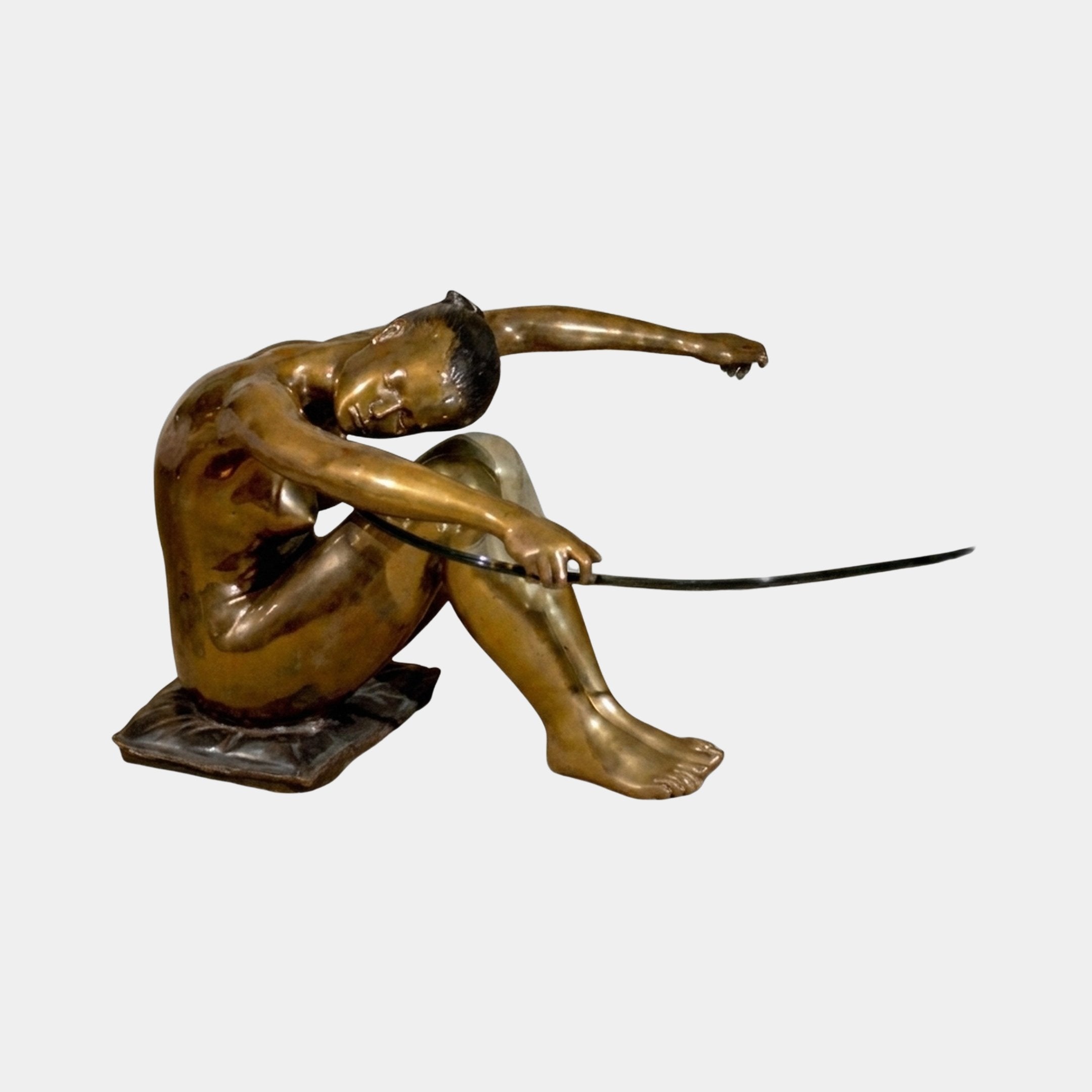 Modern Seated Nude Female Figure Bronze Sculpture 75cm by Giant Sculptures, golden-brown patina figure curled forward with arm extended supporting a glass tabletop.