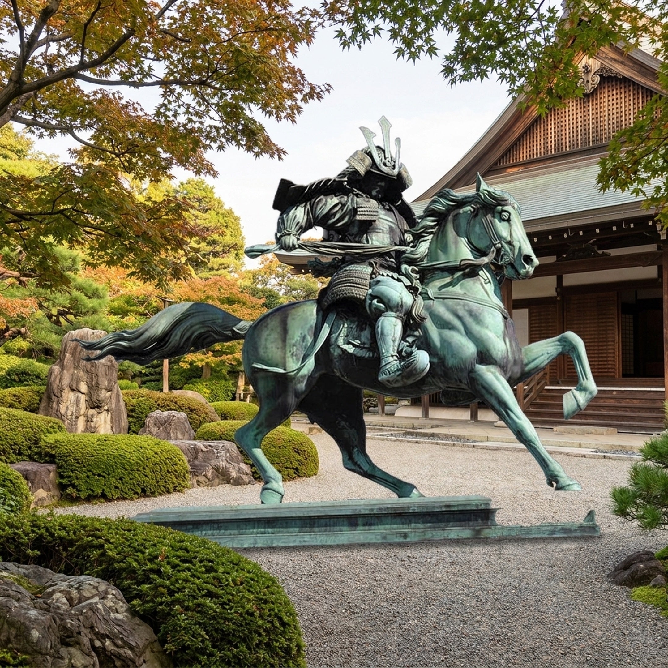 Giant Sculptures Monumental Armoured Samurai Warrior and Horse Bronze Sculpture in verdigris patina, mid-gallop, displayed in a Japanese garden by a temple.