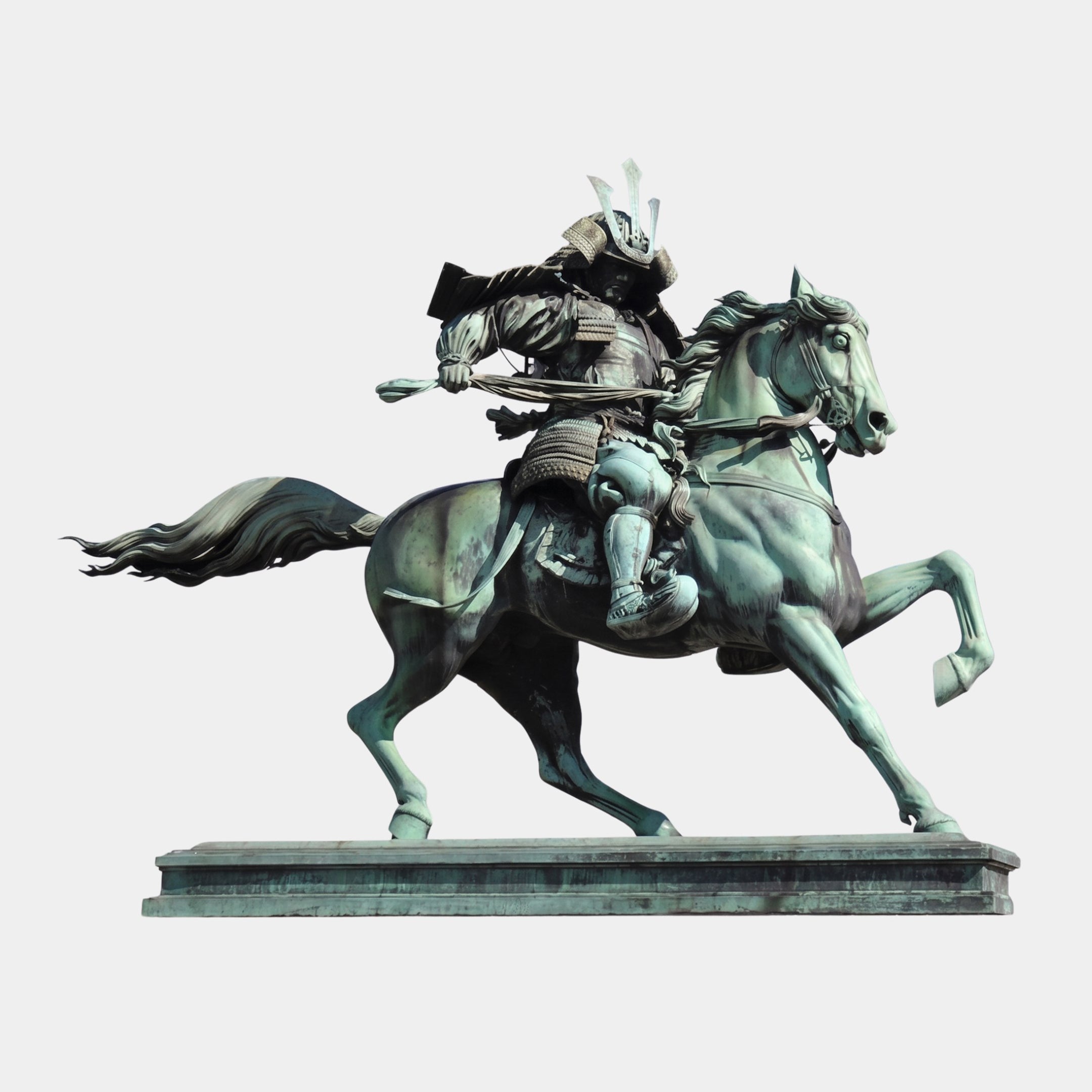 Monumental Armoured Samurai Warrior and Horse Bronze Sculpture by Giant Sculptures, verdigris patina, galloping horse and armoured rider on stone plinth.