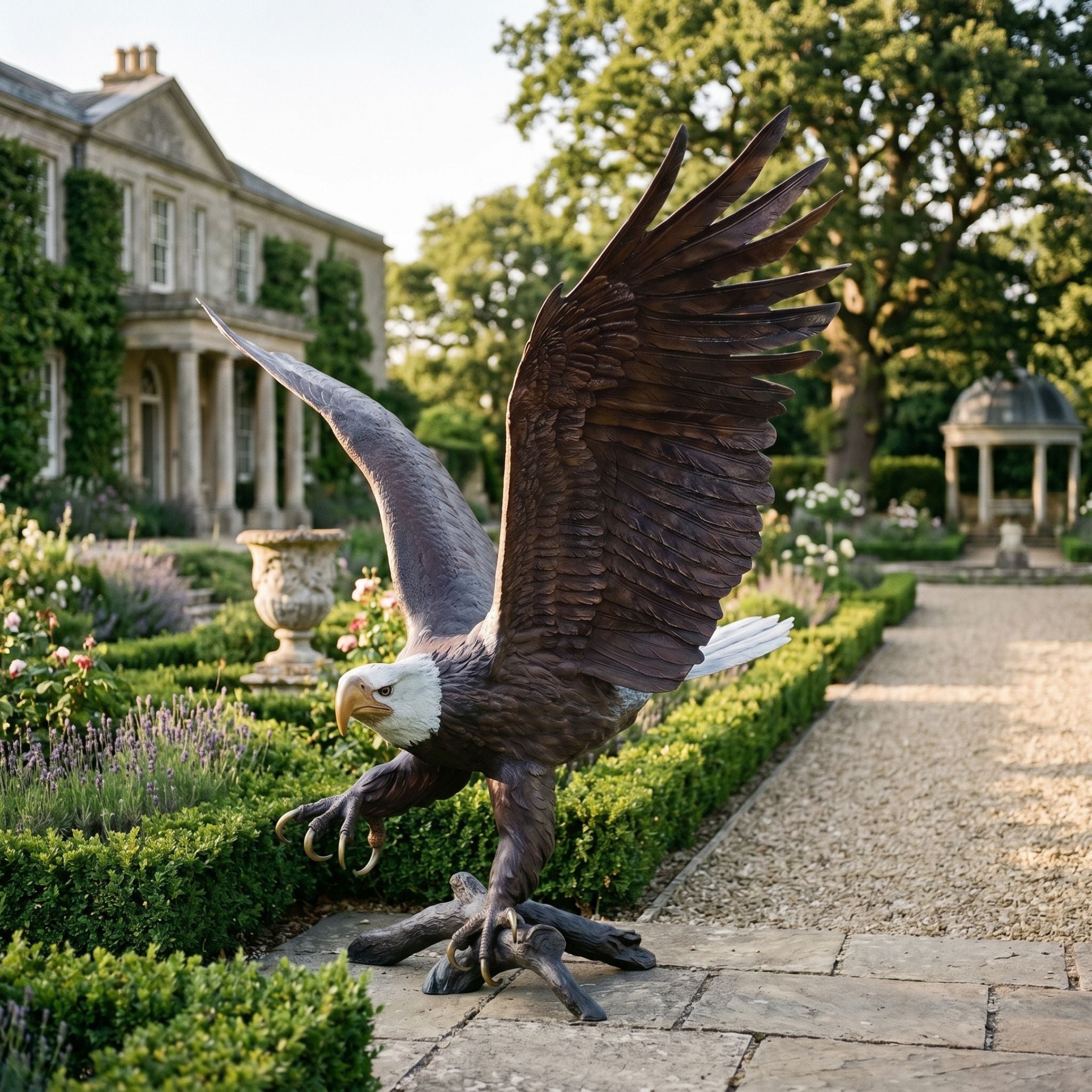 Giant Sculptures Monumental Bald Eagle Bronze Sculpture 220cm with wings raised mid-flight on a branch base, displayed on a gravel path beside a manor garden.