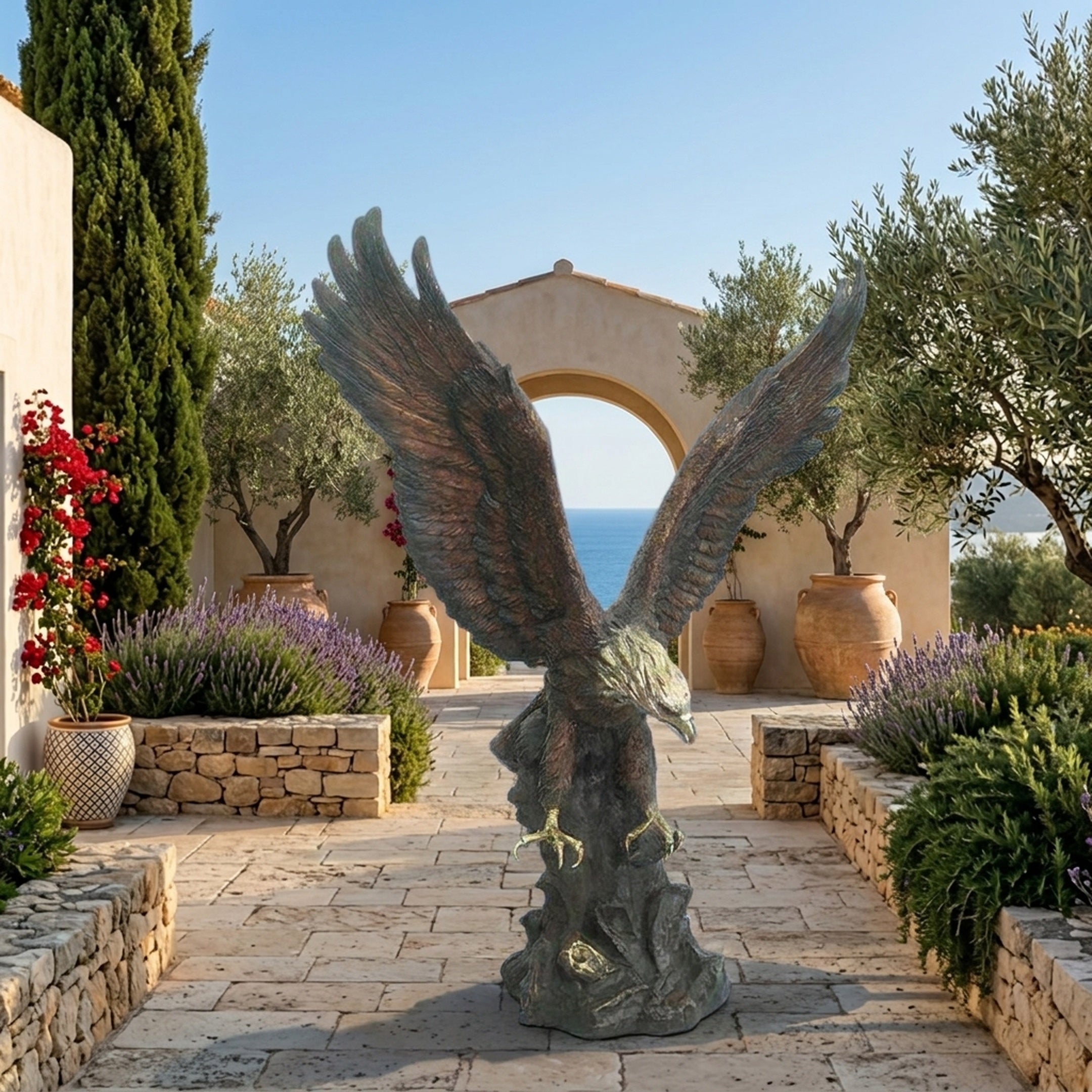 Monumental Bald Eagle Bronze Sculpture by Giant Sculptures with wings raised on a rocky base, displayed on a Mediterranean stone terrace overlooking the sea.
