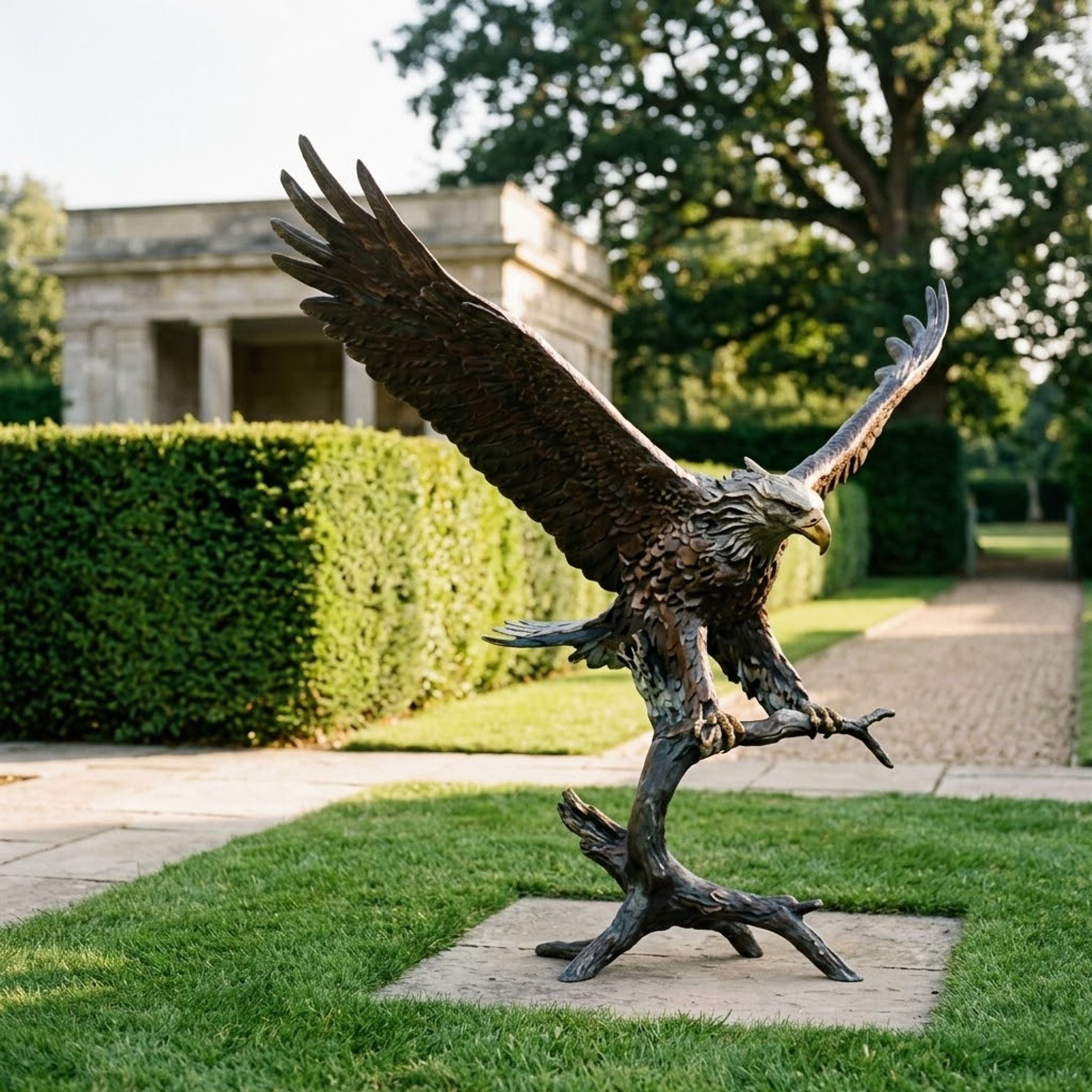 Monumental Bald Eagle Bronze Sculpture by Giant Sculptures, 280cm, wings raised mid-landing on a branch perch, displayed on a lawn beside a manicured hedge.