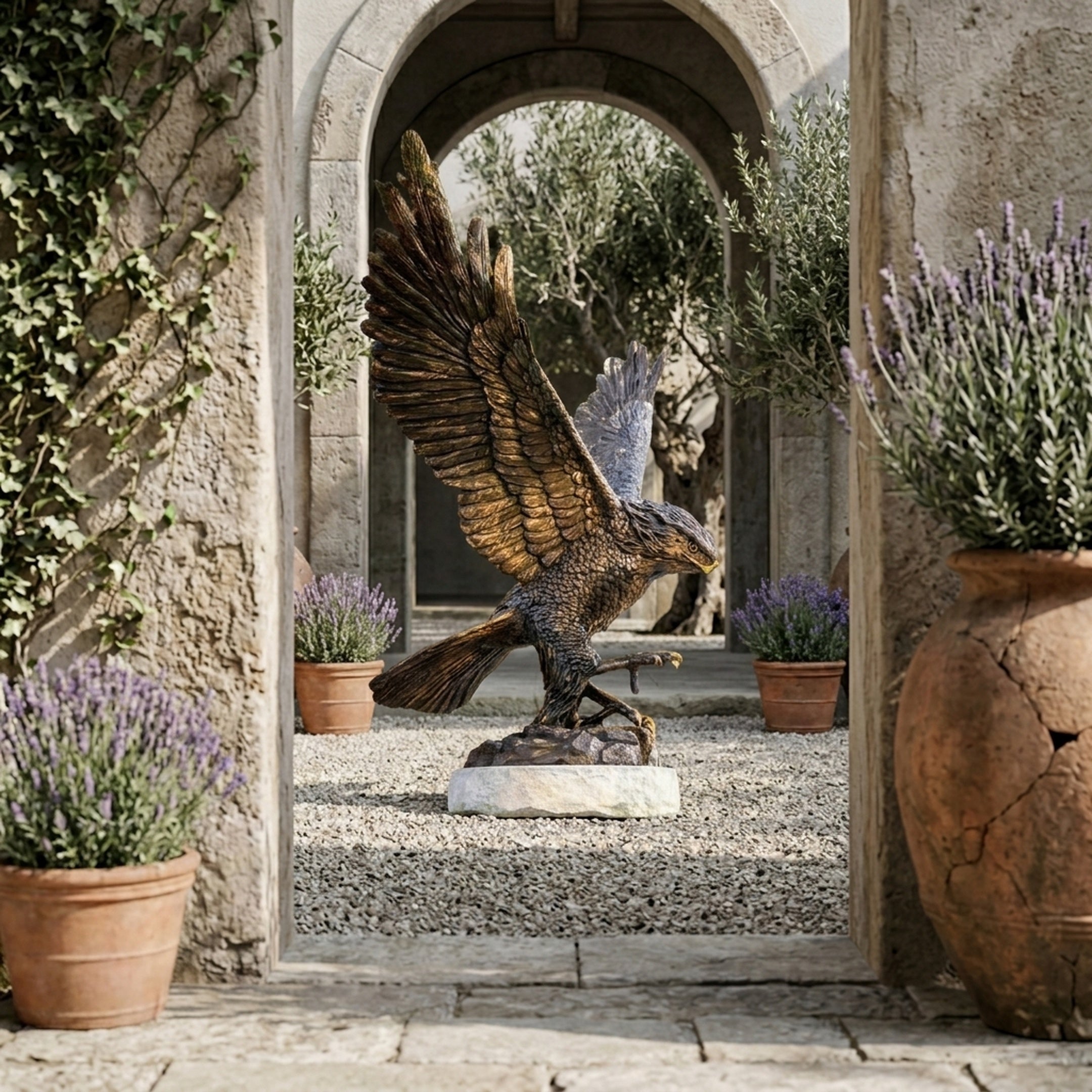 Monumental Bald Eagle Bronze Sculpture by Giant Sculptures with wings raised mid-landing, displayed on a marble base in a stone archway courtyard with lavender.