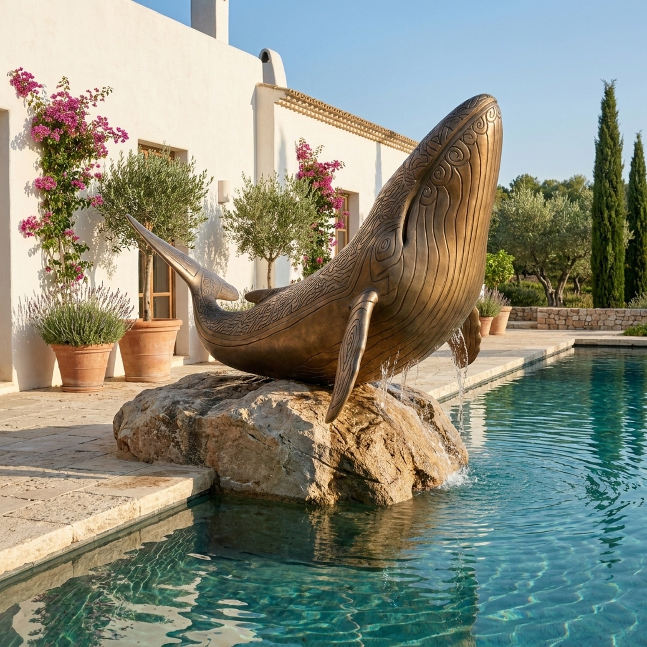 Monumental Breaching Humpback Whale Bronze Sculpture by Giant Sculptures on a stone base as a poolside fountain beside a white Mediterranean villa.