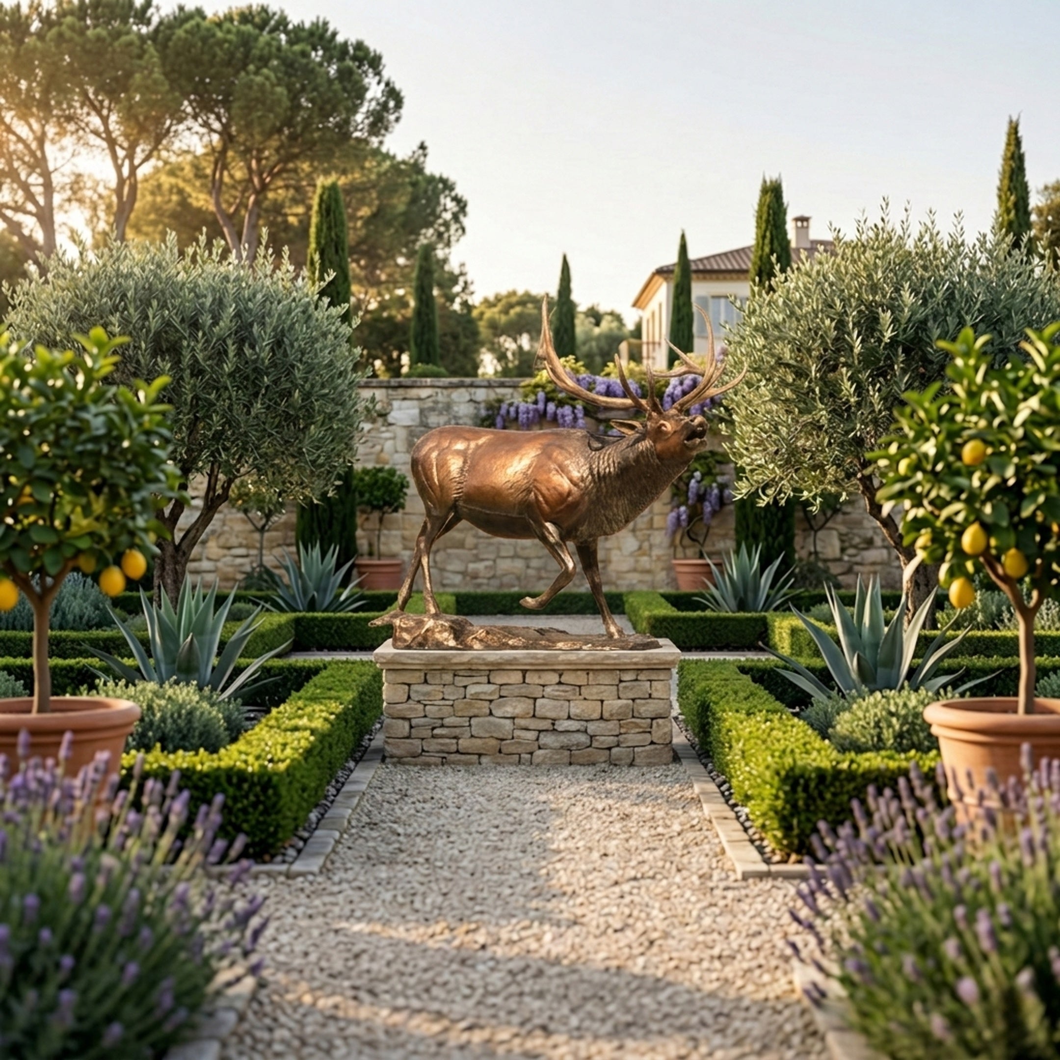Monumental Bugling Bull Elk Bronze Sculpture by Giant Sculptures on a stone pedestal in a formal Mediterranean garden with lavender, olive and lemon trees.