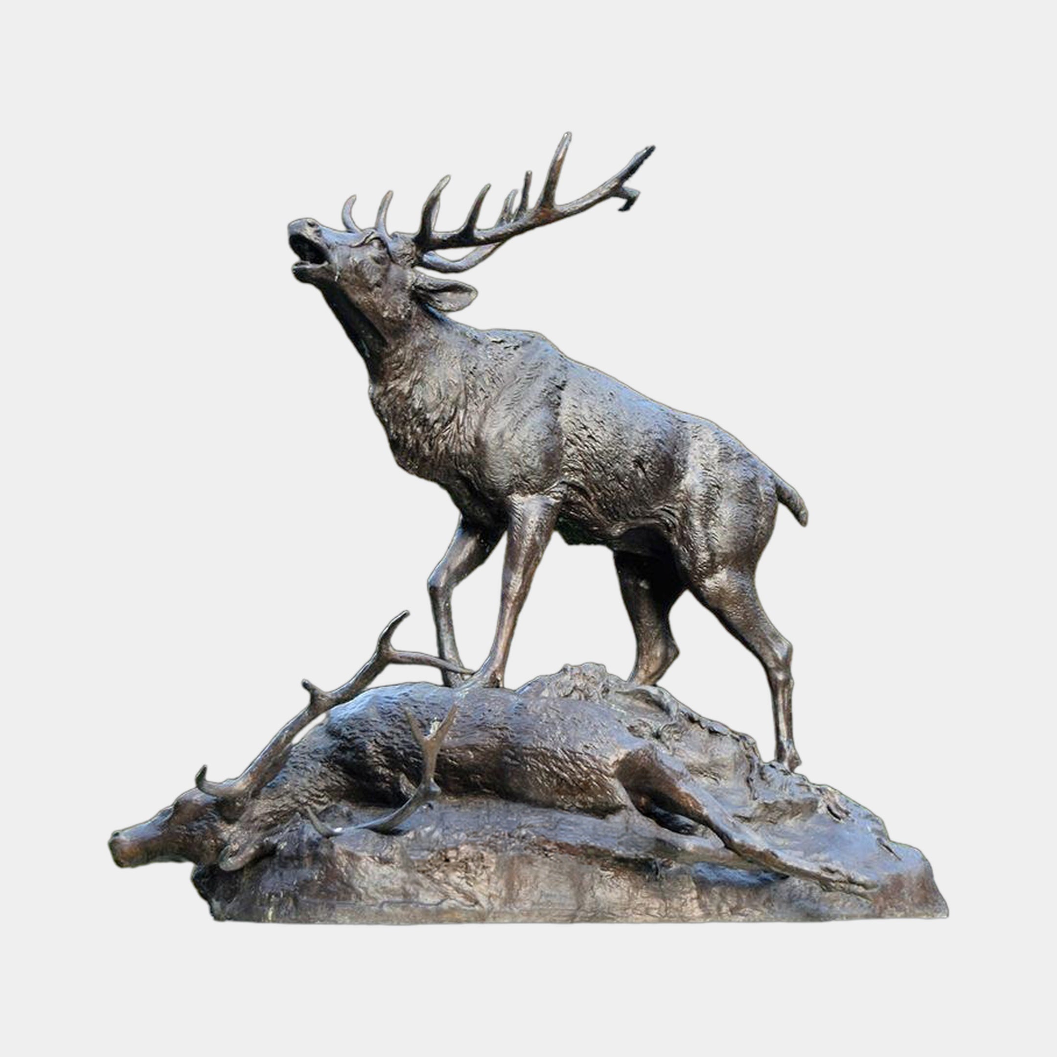 Monumental Bugling Elk and Fallen Deer Bronze Sculpture by Giant Sculptures, dark brown patina, antlered elk mid-bugle above a fallen deer on a rocky base.