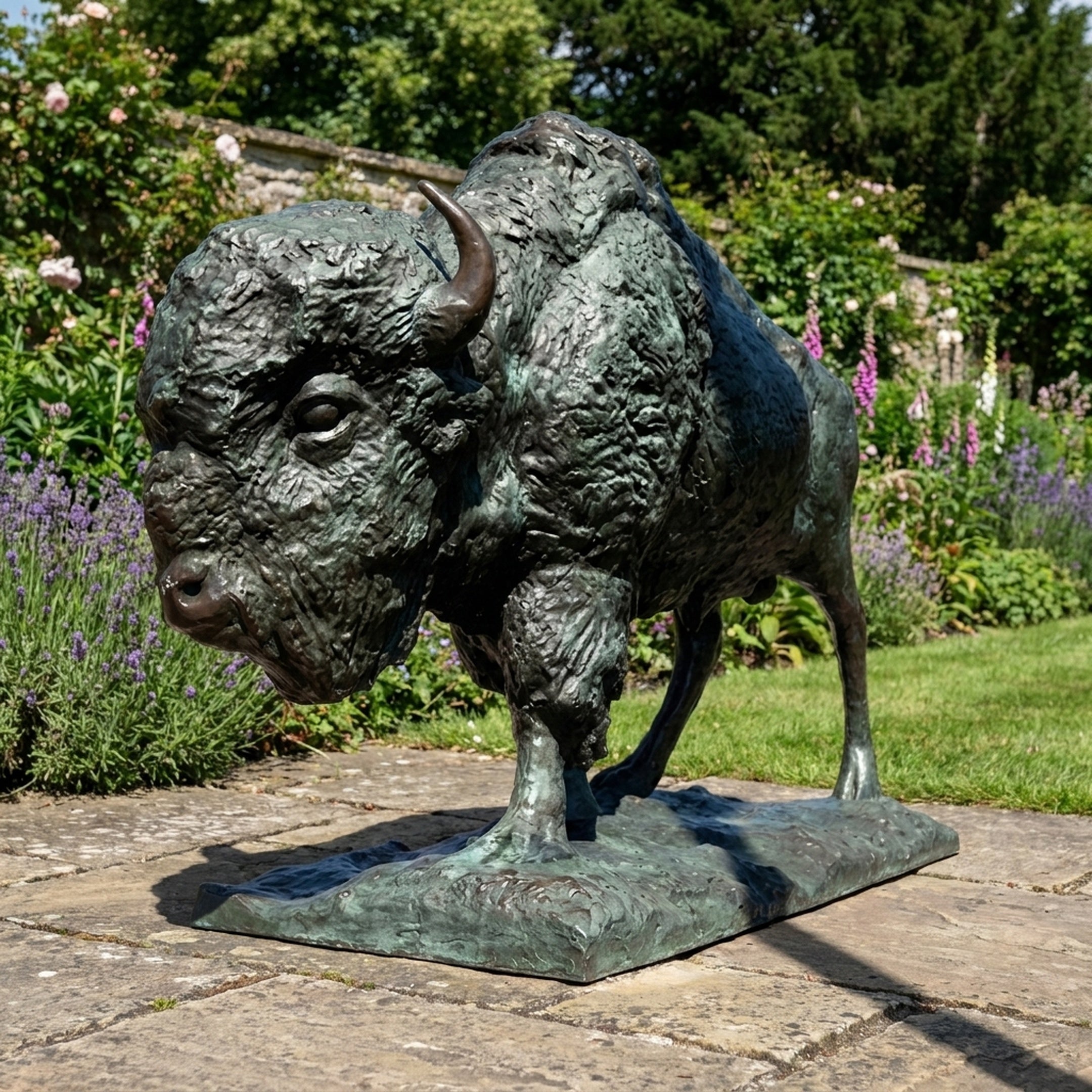 Monumental Charging Bison Bronze Sculpture by Giant Sculptures, side view with lowered head and verdigris patina, set on a stone patio beside a flower garden.