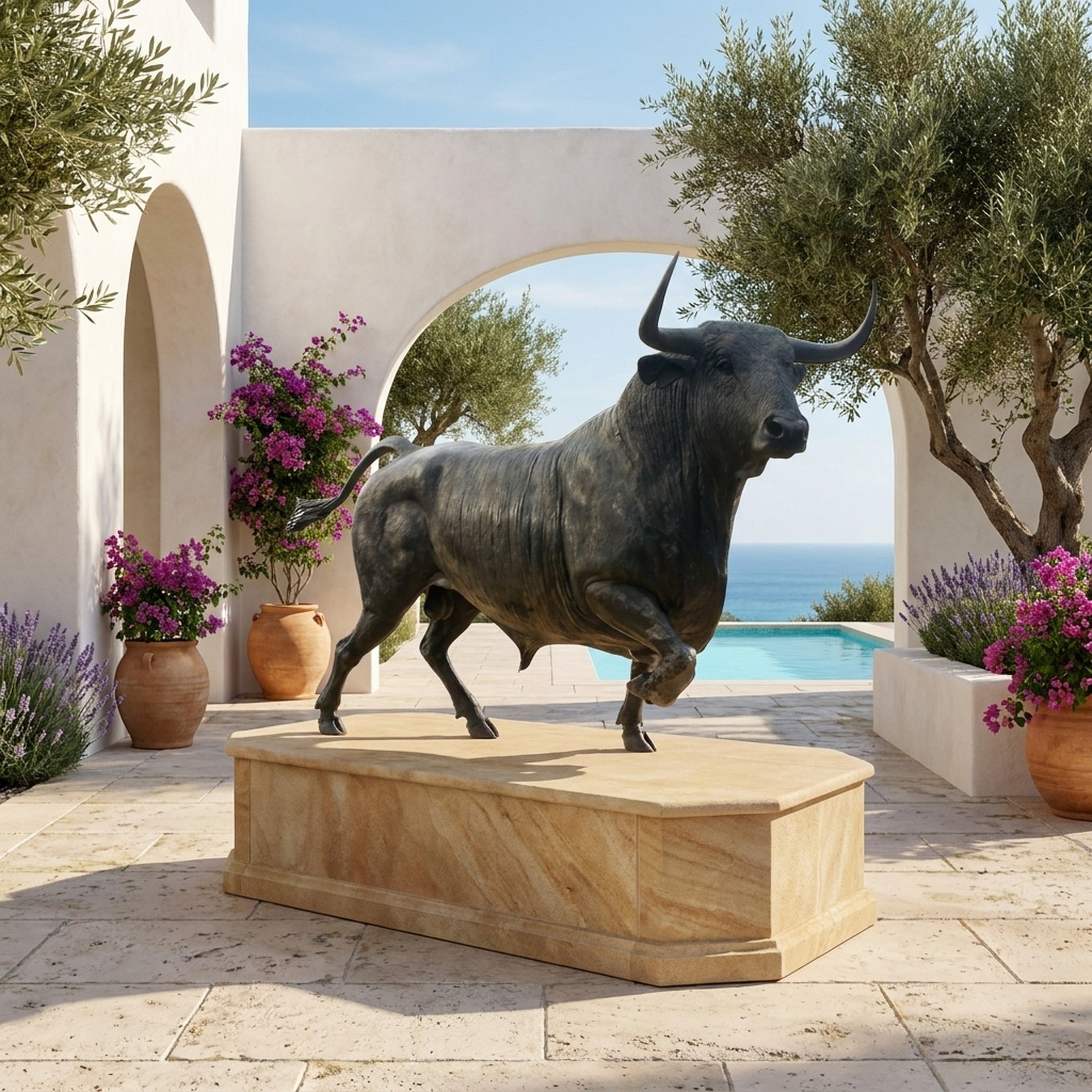 Monumental Charging Bull Bronze Sculpture 200cm by Giant Sculptures on a stone plinth in a Mediterranean courtyard with olive trees, bougainvillea, and sea view.