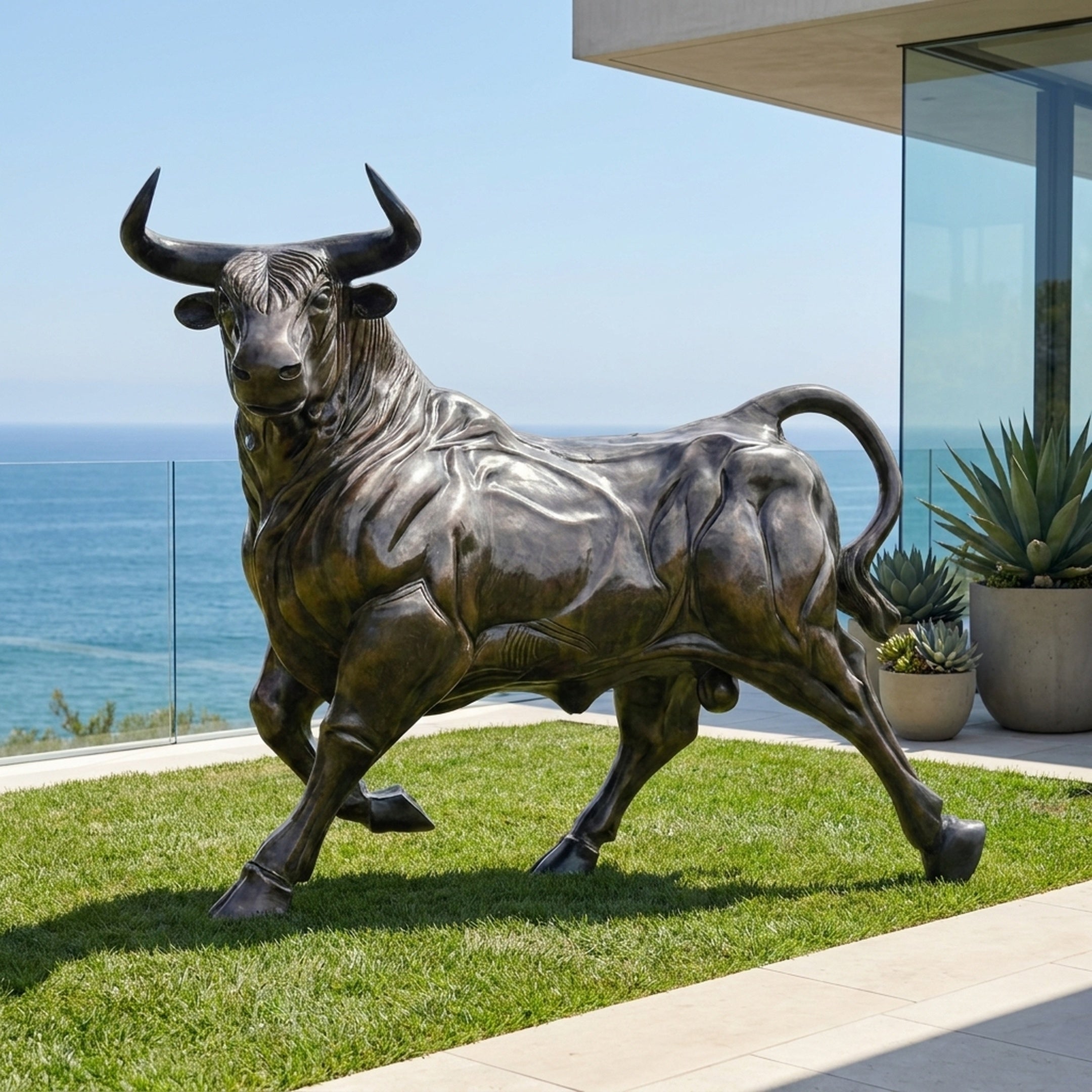 Monumental Charging Bull Bronze Sculpture 220cm by Giant Sculptures, dark patinated bronze in mid-charge pose, displayed on a coastal lawn beside a modern glass-railed home.