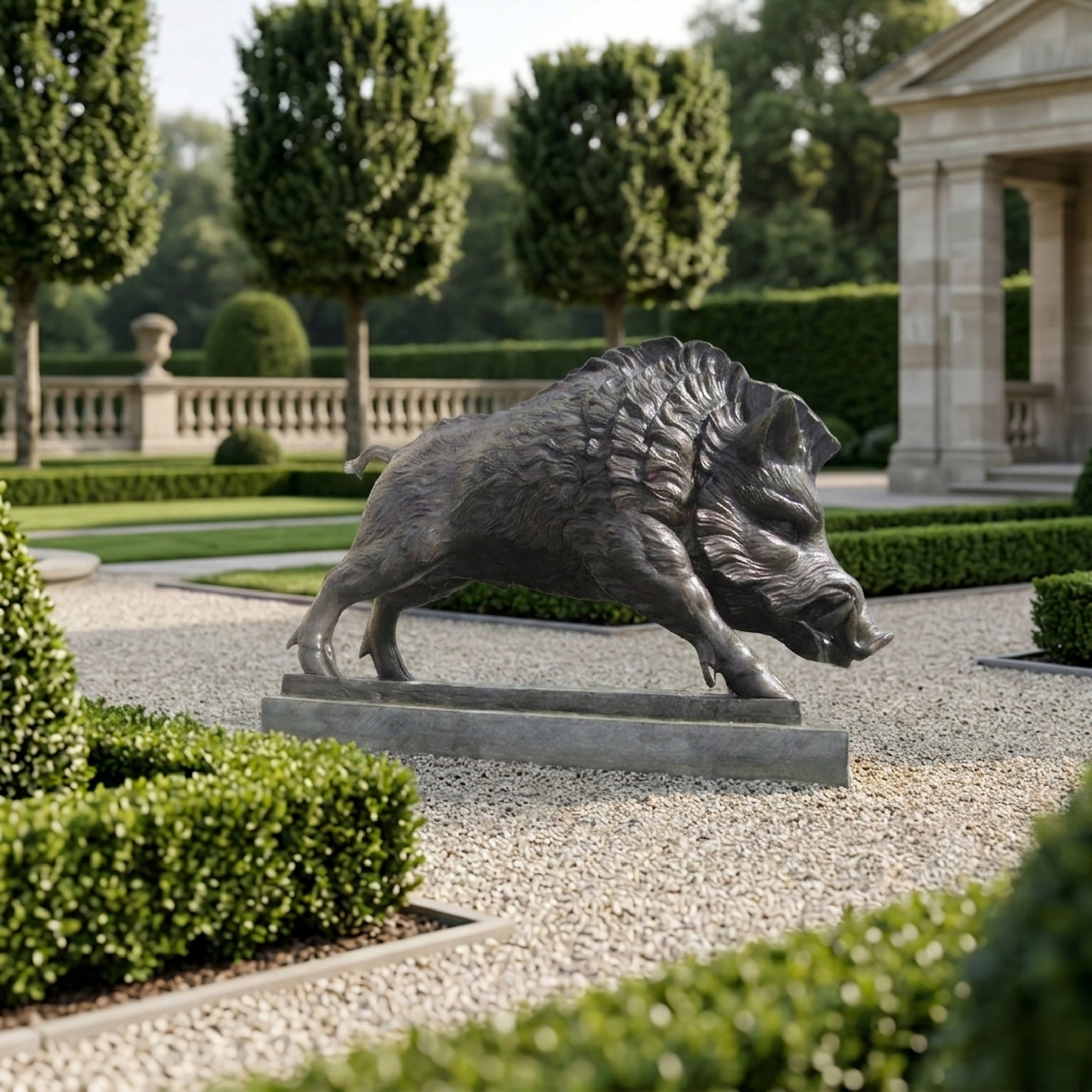 Monumental Charging Wild Boar Bronze Sculpture by Giant Sculptures in dark patina, displayed on gravel within a formal garden with topiary and stone pavilion.