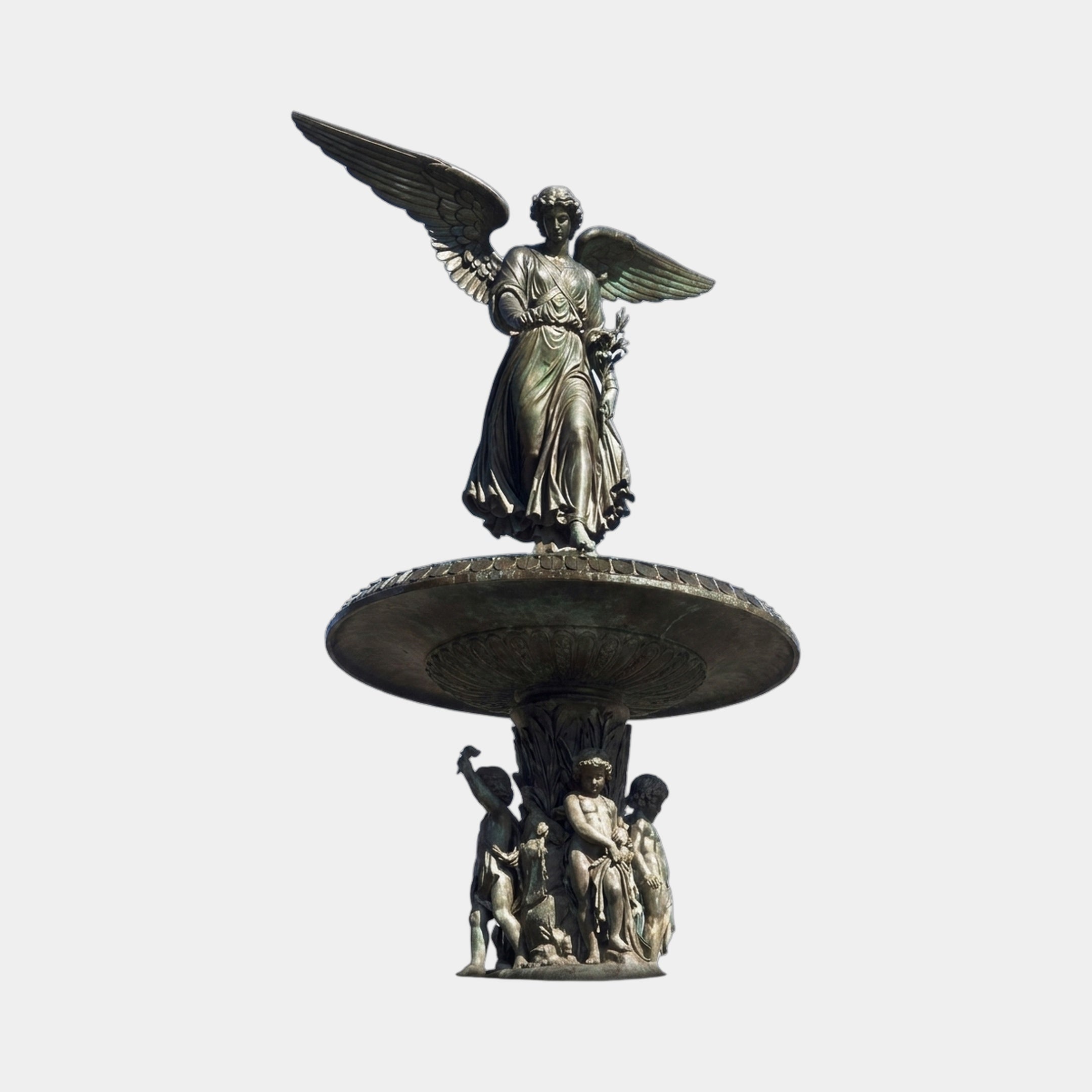 Giant Sculptures Monumental Classical Angel and Cherub Bronze Fountain 550cm with winged angel atop a basin held by four cherubs, verdigris patina, plain background.