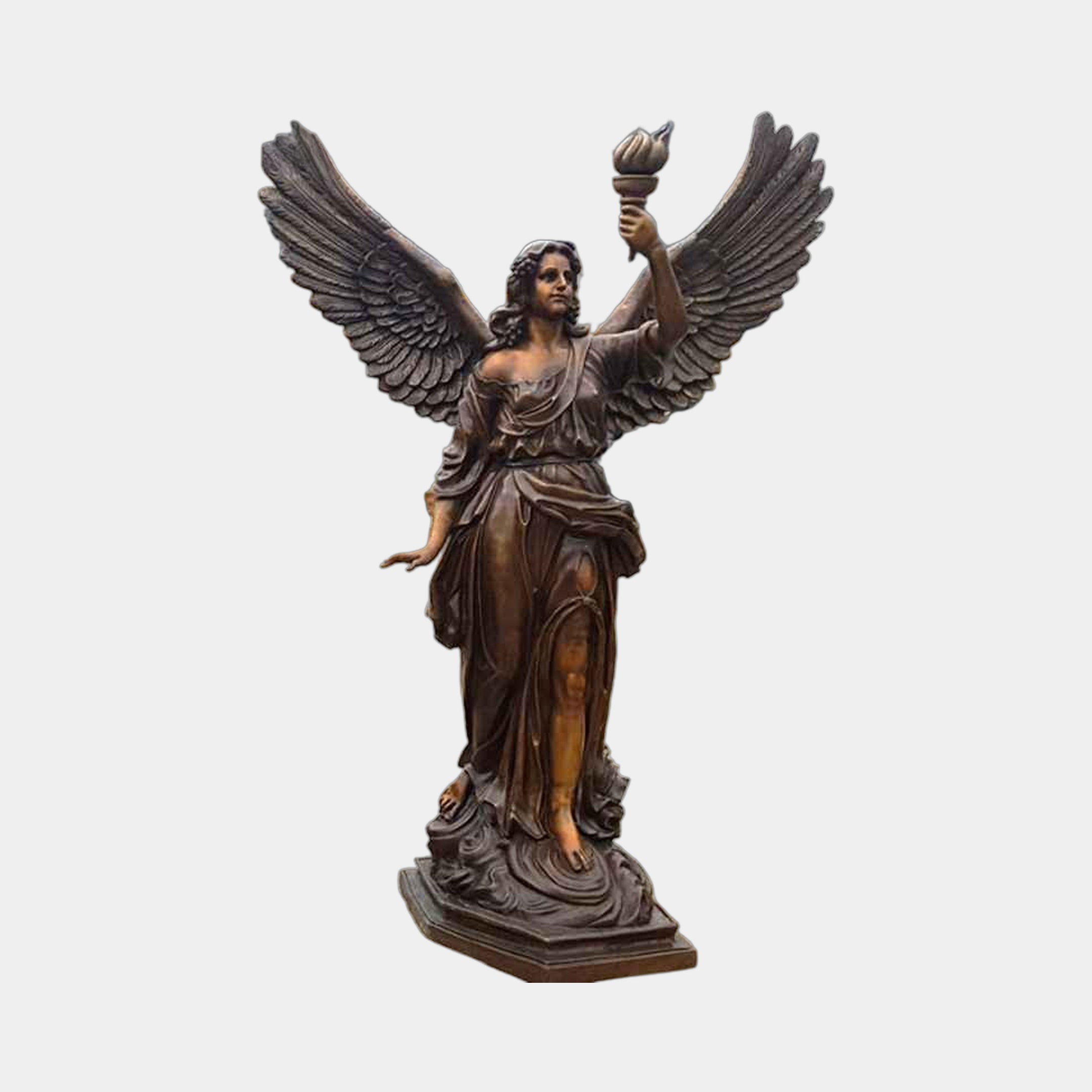 Giant Sculptures' Monumental Classical Angel with Torch Bronze Sculpture (260cm), winged female figure raising a flaming torch, draped robes, on stepped plinth.