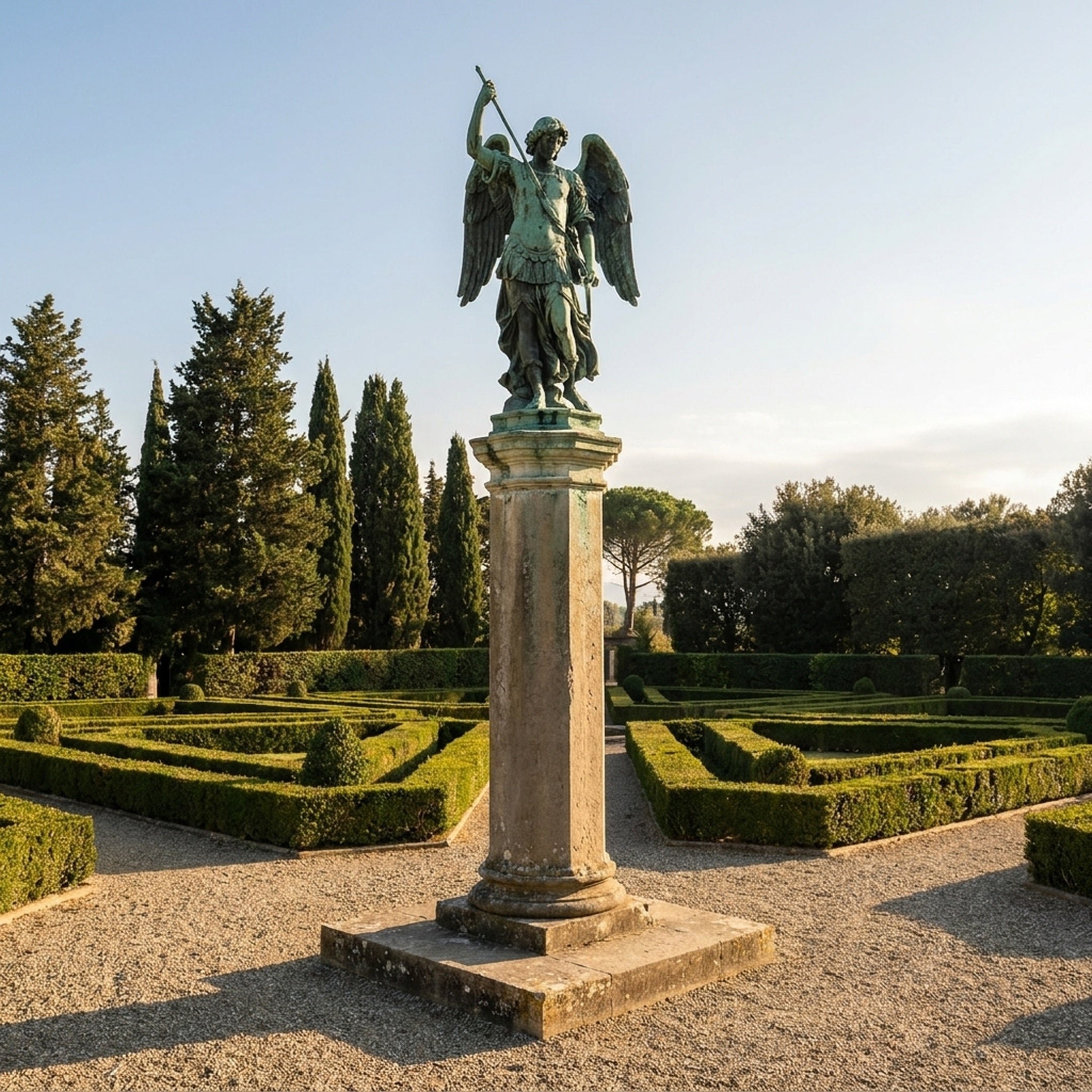Monumental Classical Archangel Michael Bronze Sculpture by Giant Sculptures, verdigris winged warrior raising a sword atop a cream stone column in a formal hedge garden.