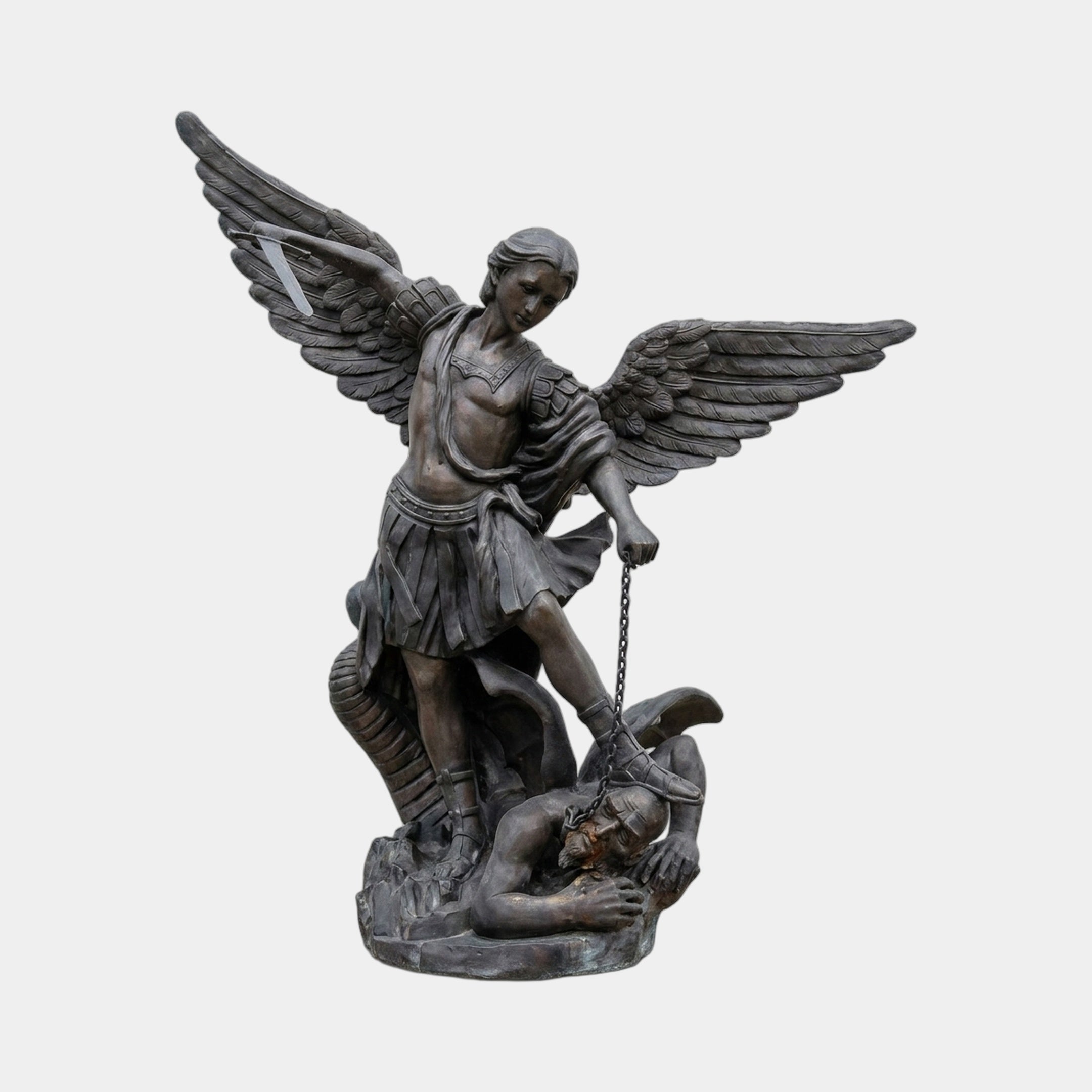 Monumental Classical Archangel Michael Bronze Sculpture by Giant Sculptures, 300cm winged warrior in Roman armour chaining a defeated demon, dark patina.