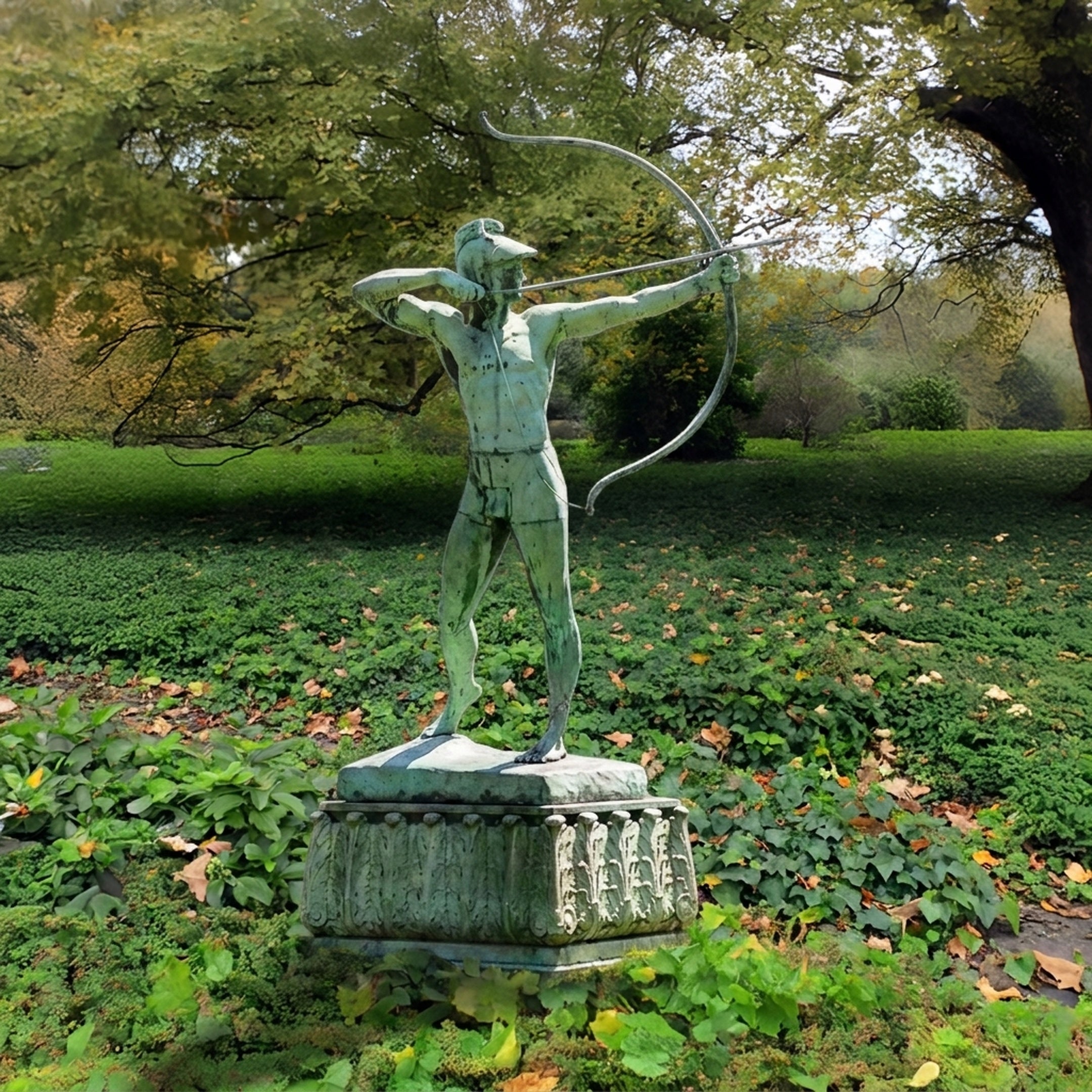 Monumental Classical Archer Warrior Bronze Statue by Giant Sculptures with verdigris patina, drawing bow on a carved plinth in a leaf-strewn garden.