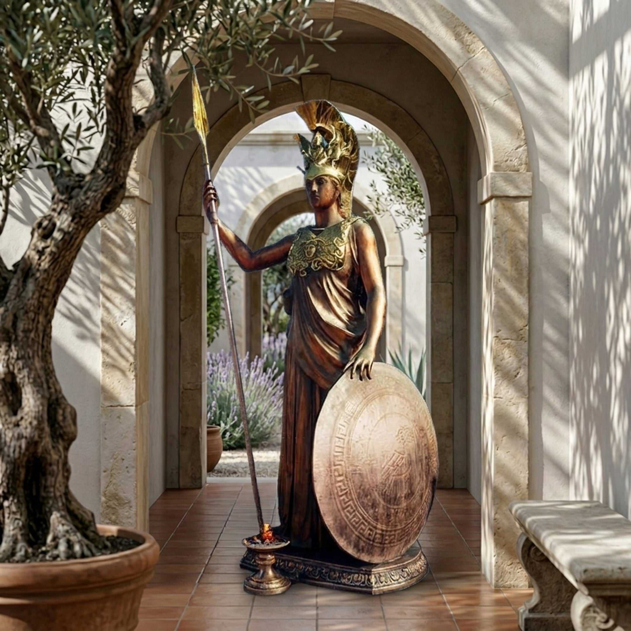 Monumental Classical Armoured Goddess Bronze Statue by Giant Sculptures, displayed in an arched stone passage beside an olive tree, holding spear and round shield.