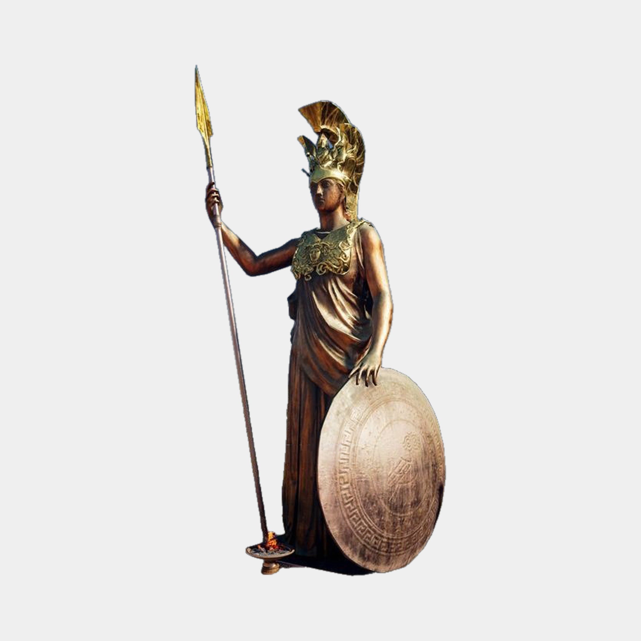 Monumental Classical Armoured Goddess Bronze Statue by Giant Sculptures, 250cm warrior in crested helmet holding spear and round shield, on plain grey background.