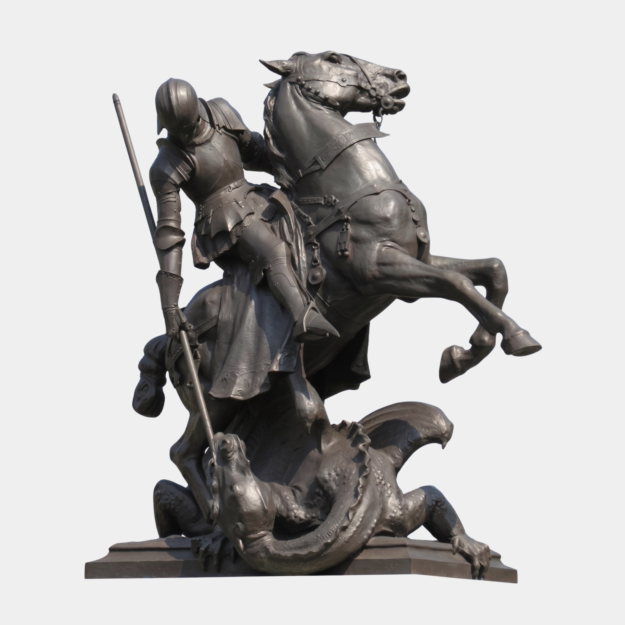 Monumental Classical Armoured Knight and Dragon Bronze Sculpture by Giant Sculptures, 450cm, knight on rearing horse spearing a coiled dragon, dark patina.