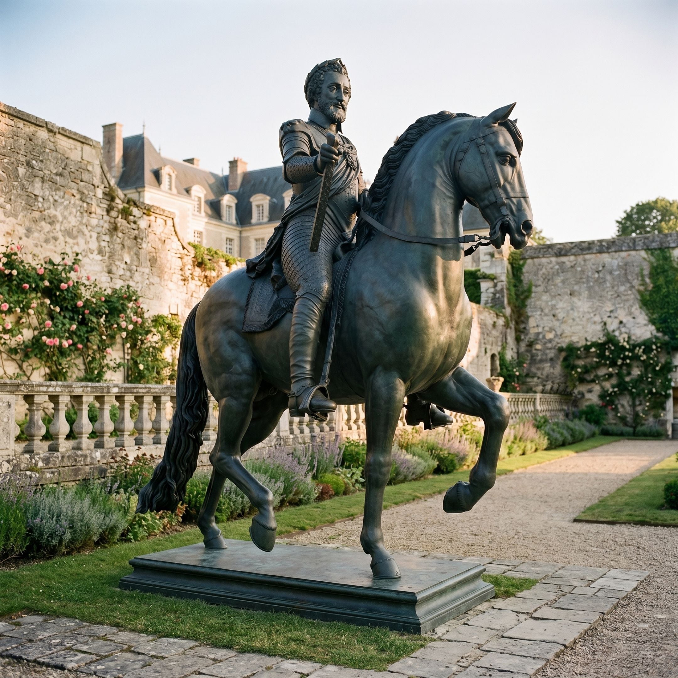 Monumental Classical Armoured Rider and Rearing Horse Bronze Sculpture by Giant Sculptures, dark patina, displayed in a château garden with roses.