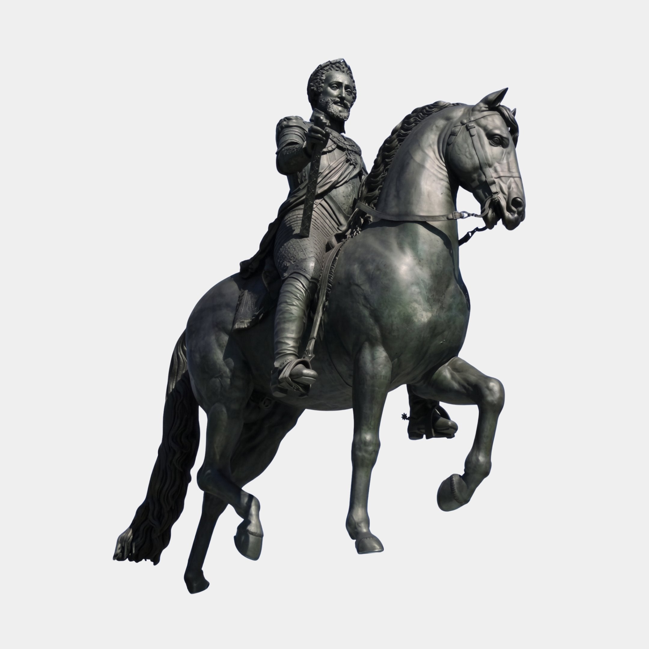 Monumental Classical Armoured Rider and Rearing Horse Bronze Sculpture by Giant Sculptures, 360cm, dark patina, horse in pesade, rider holding baton.