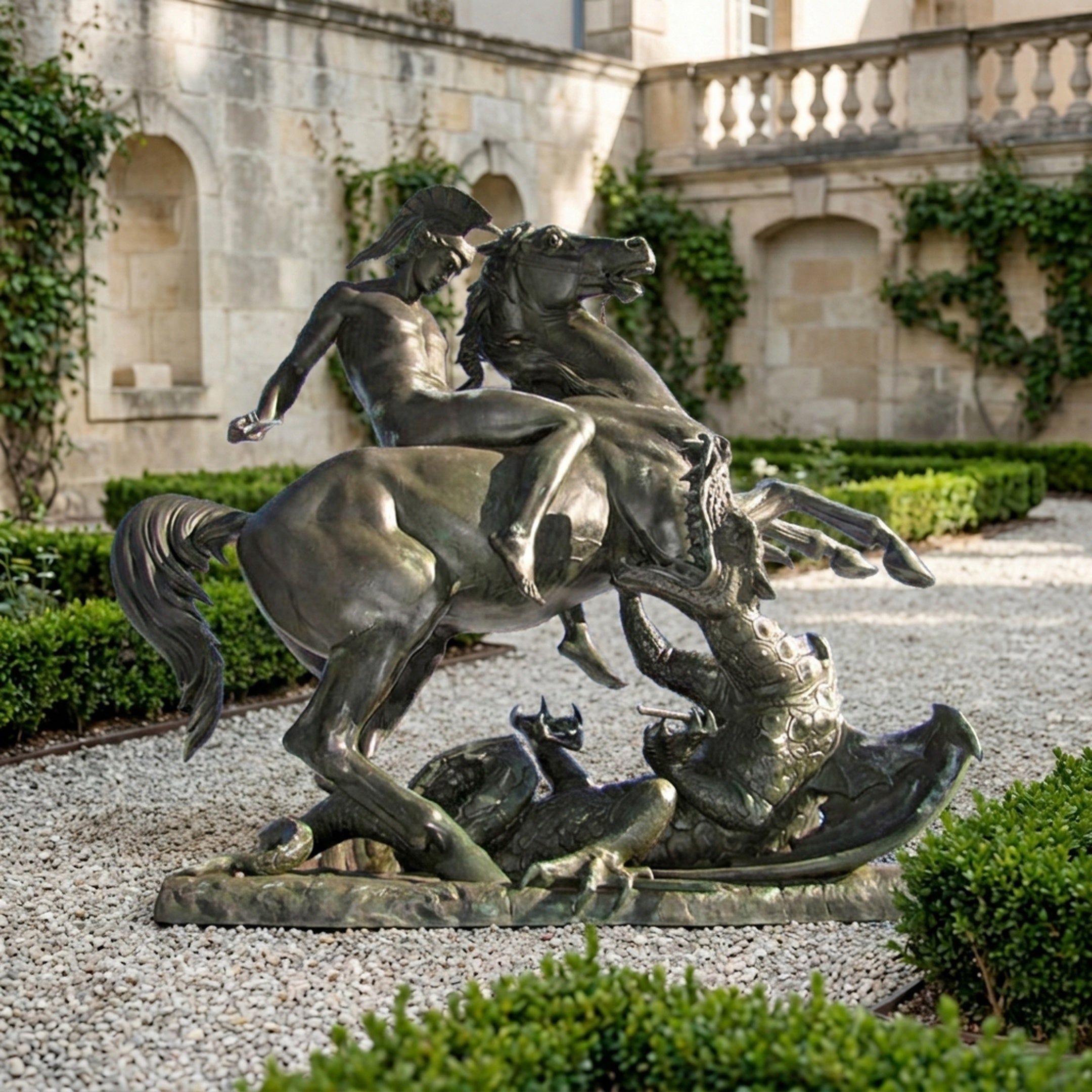 Giant Sculptures Monumental Classical Armoured Warrior and Dragon Bronze Sculpture 280cm, helmeted rider on rearing horse over dragon, in a stone courtyard garden.