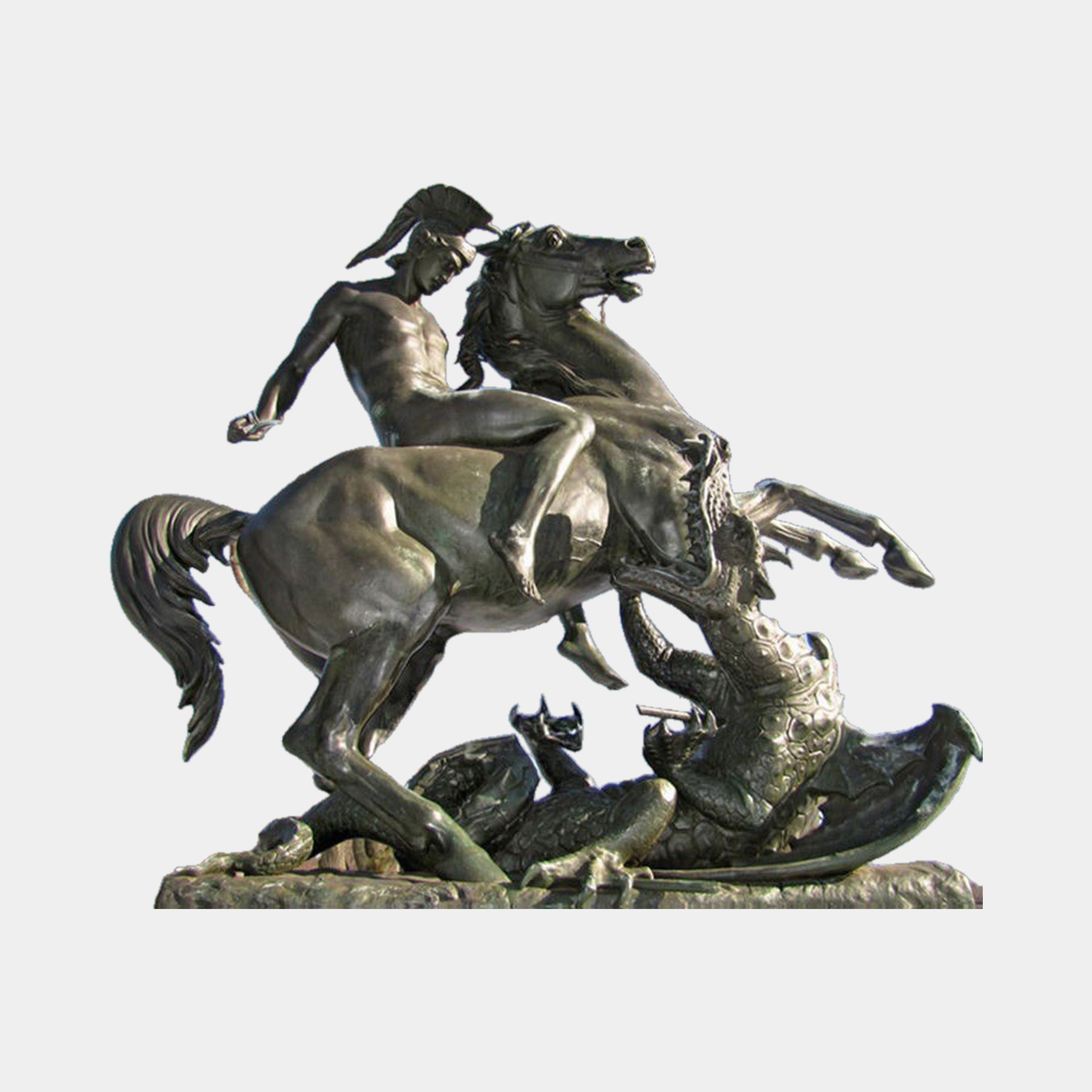 Giant Sculptures Monumental Classical Armoured Warrior and Dragon Bronze Sculpture 280cm, helmeted rider on rearing horse spearing a winged dragon below.