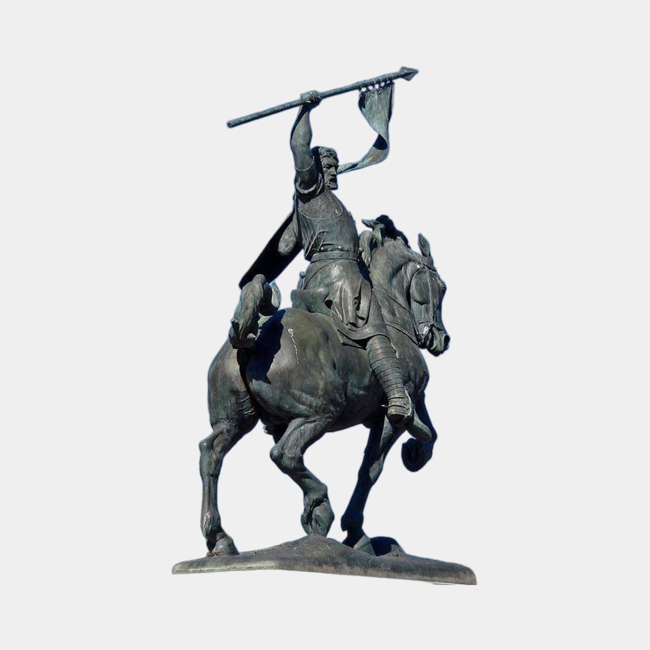 Giant Sculptures Monumental Classical Armoured Warrior on Rearing Horse Bronze Sculpture 290cm, dark antique patina with verdigris, lance and pennant raised.